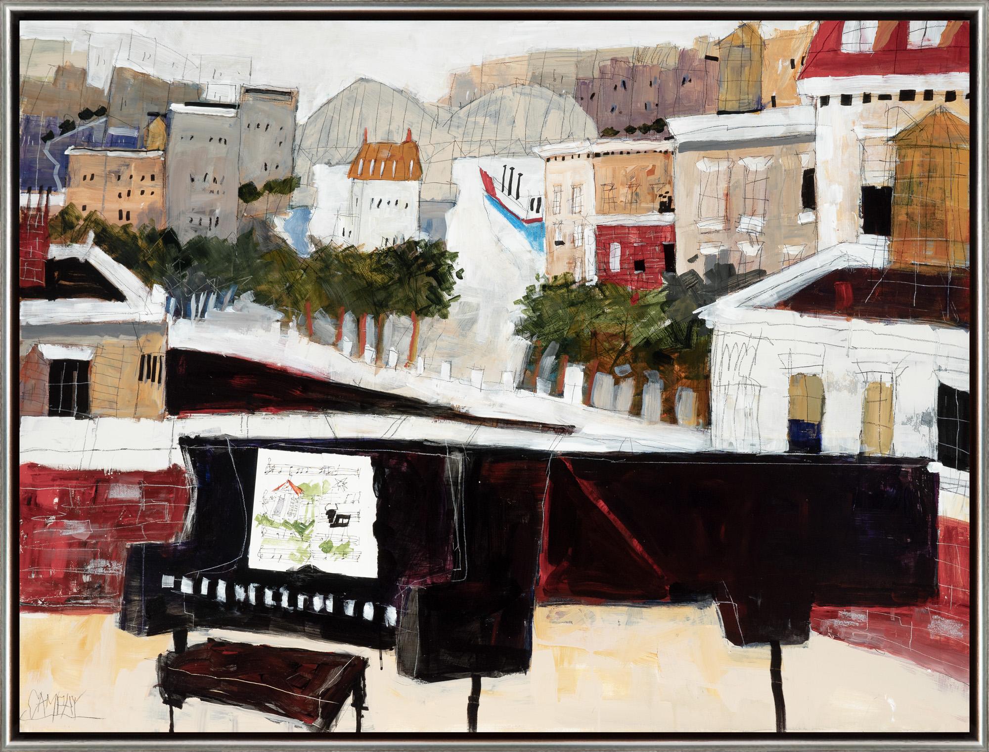 "City Music" Piano à queue contemporain Paysage urbain Technique mixte sur panneau avec cadre - Mixed Media Art de Dennis Campay