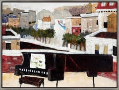 Used "City Music" Contemporary Grand Piano Cityscape Mixed Media on Panel with Frame