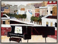 "City Music" Paesaggio urbano contemporaneo con pianoforte a coda Media mista su pannello con cornice