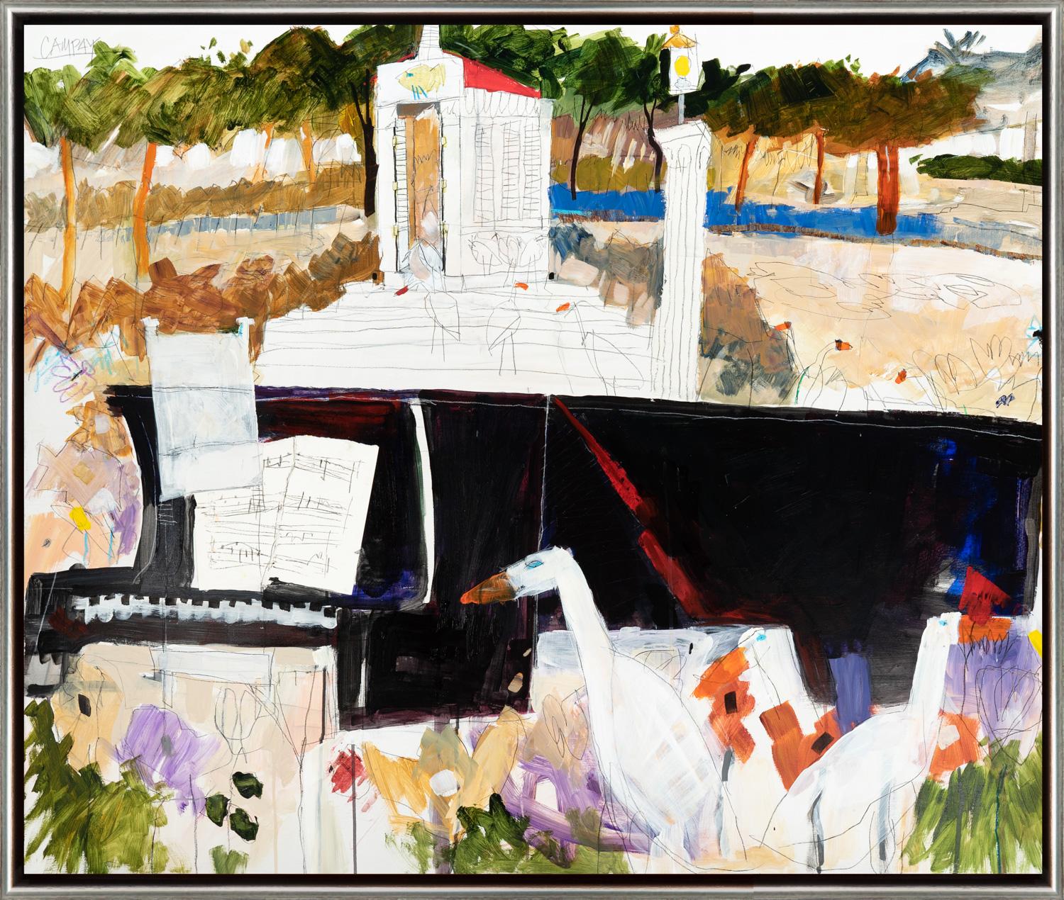 "Concert" Contemporary Narrative Landscape Mixed Media on Panel Framed Painting - Mixed Media Art by Dennis Campay
