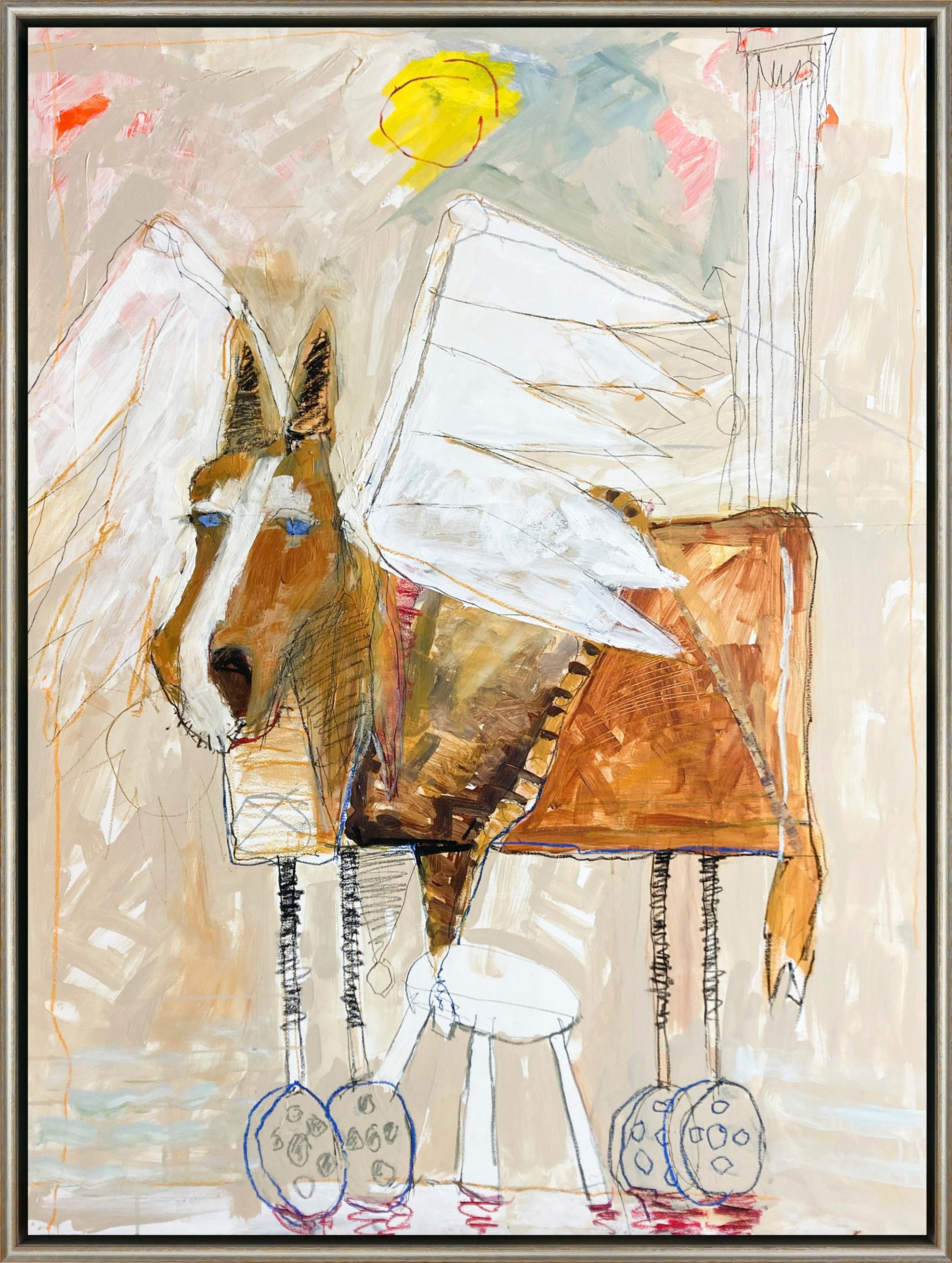 Dennis Campay Animal Painting - "Horse with Wings" Contemporary Mixed Media on Panel Framed Painting