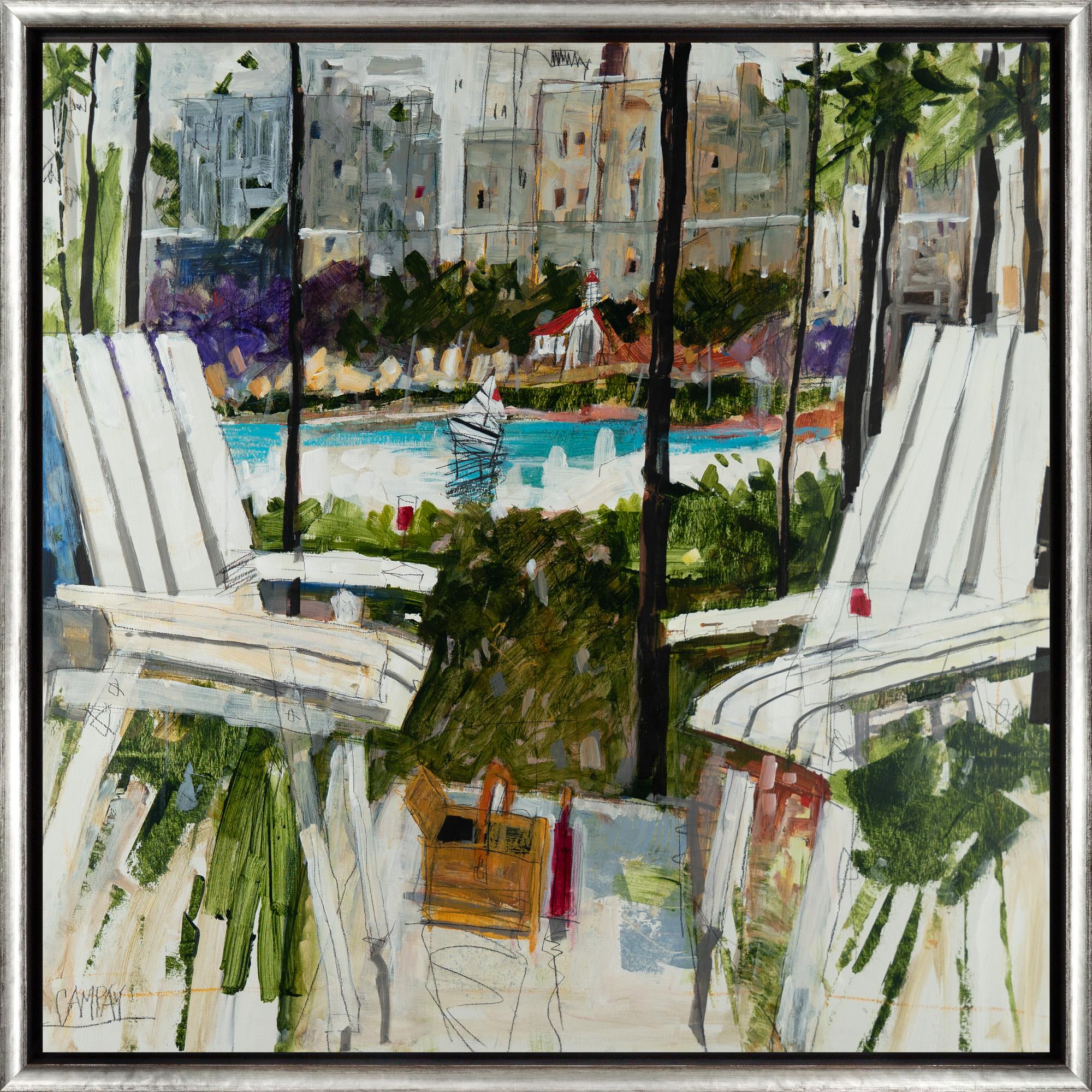 Dennis Campay Landscape Painting - "The Hideaway" Contemporary Cityscape Mixed Media on Panel Framed Painting