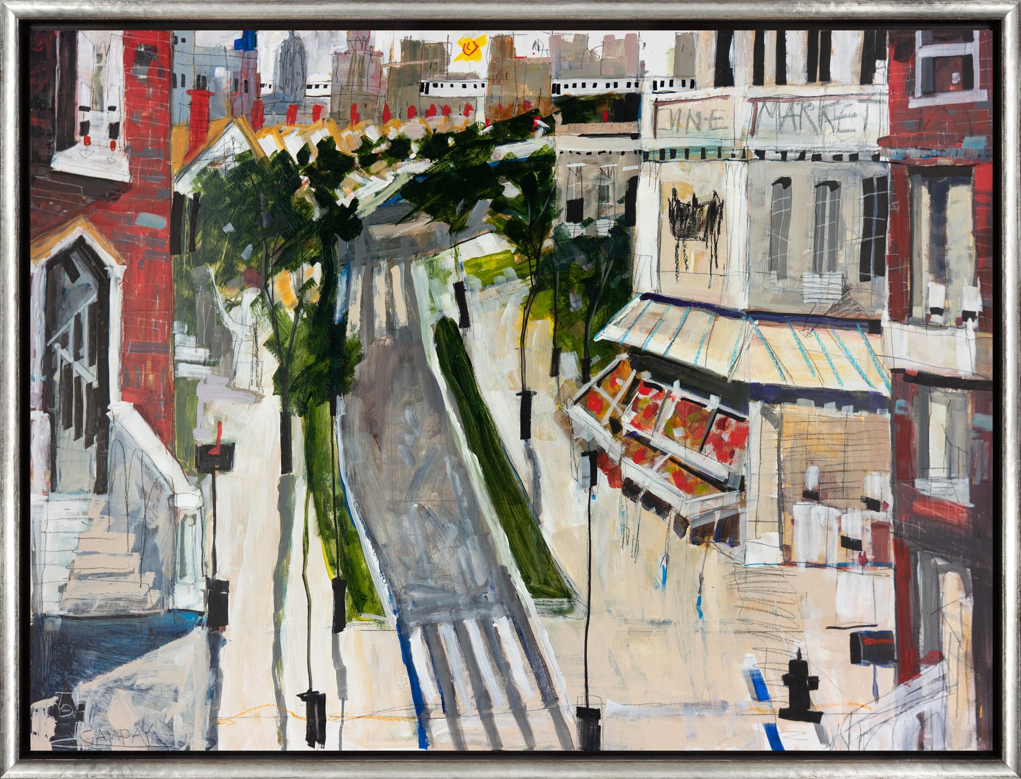 Landscape Painting Dennis Campay - "The Neighborhood" Peinture contemporaine de paysage urbain en techniques mixtes sur panneau encadré
