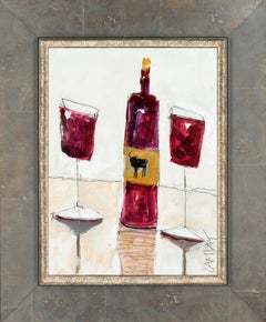 Used "Two Glasses" Contemporary Wine Still-Life Mixed Media on Panel Framed Painting