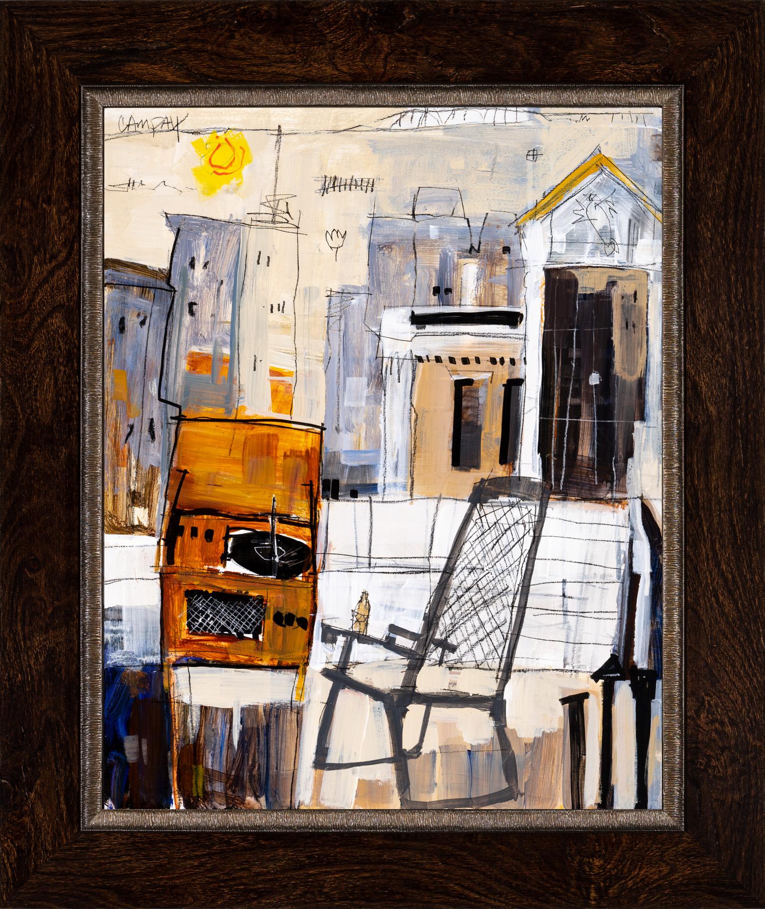 Dennis Campay Abstract Painting - "Jazz Flavors" Loosely Painted Outdoor Scene with Record Player and Cityscape
