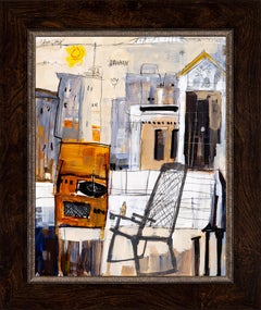 "Jazz Flavors" Loosely Painted Outdoor Scene with Record Player and Cityscape