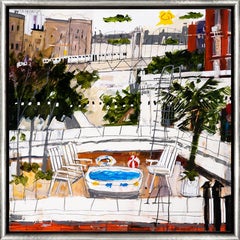 "Pool Time" Mixed Media Outdoor Scene with Warm Colors and View of City