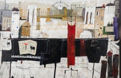 "Sheet Music" Warm Piano Scene with Cityscape and Found Metal Objects