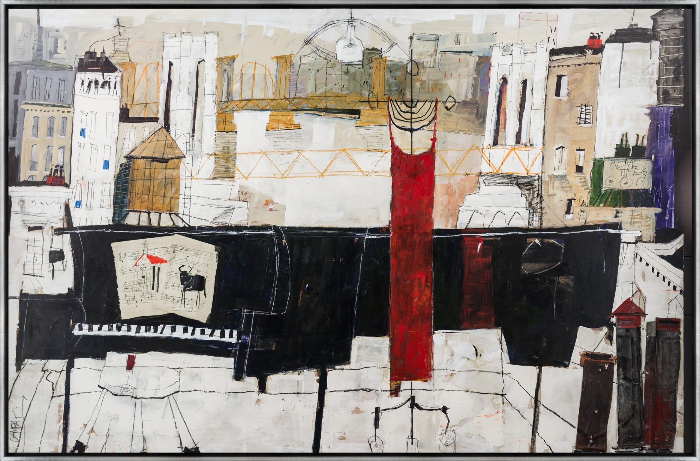 Dennis Campay Landscape Painting - "Sheet Music" Warm Piano Scene with Cityscape and Found Metal Objects