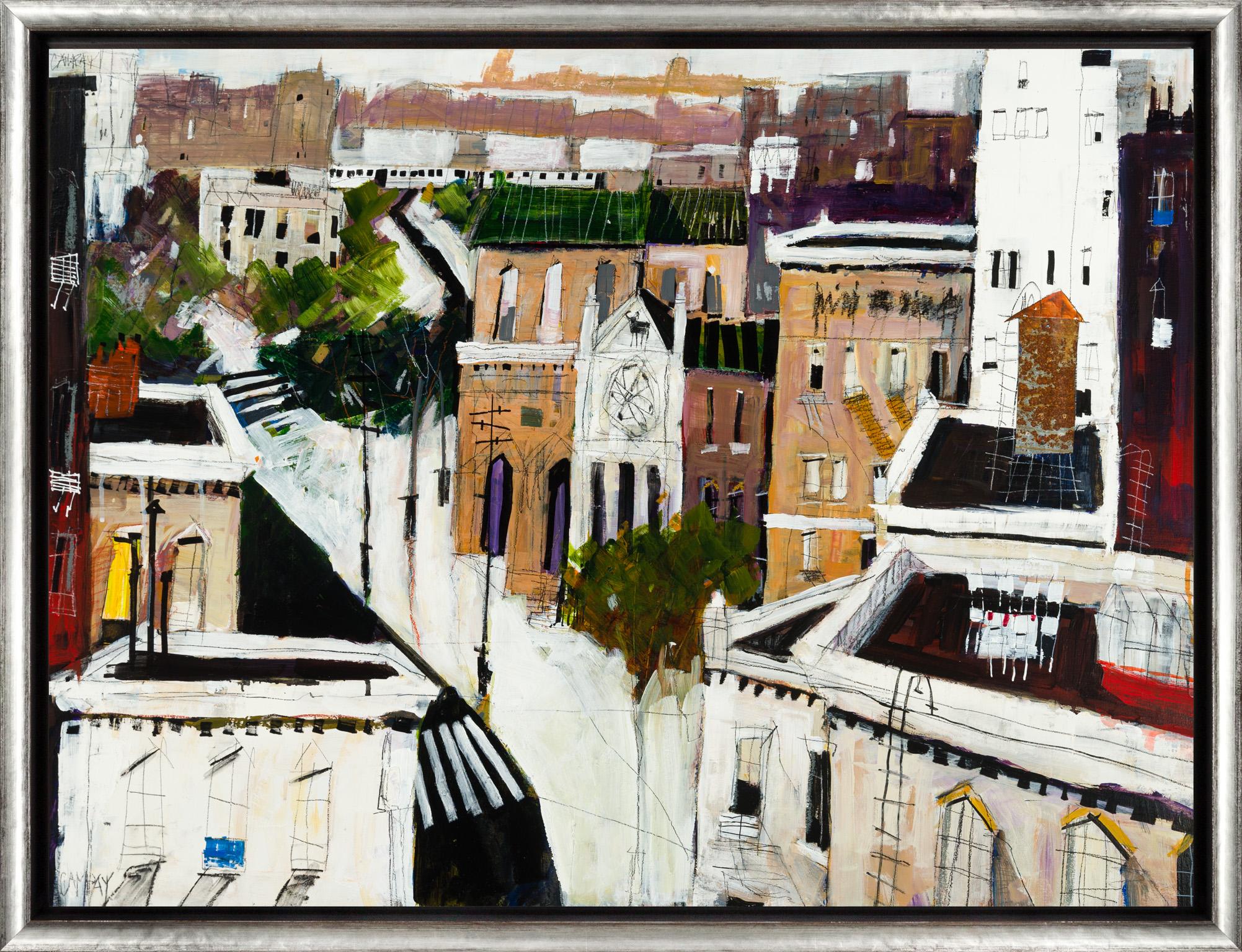 "Take Out For Eight" Contemporary Cityscape Mixed Media on Panel Framed Painting - Mixed Media Art by Dennis Campay