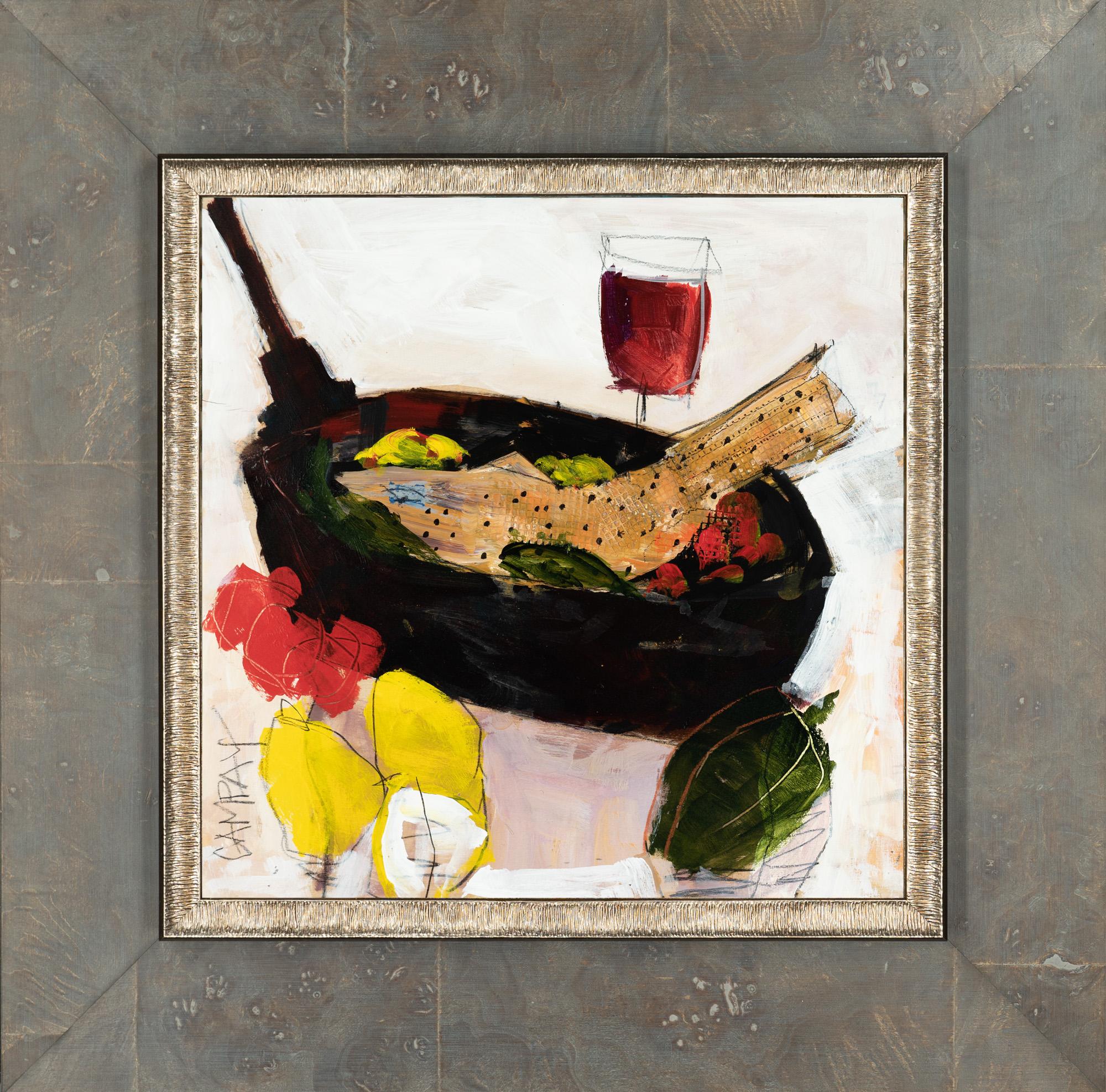 "Wine and Fish" Abstract Mixed Media Still Life on Square Panel - Mixed Media Art by Dennis Campay