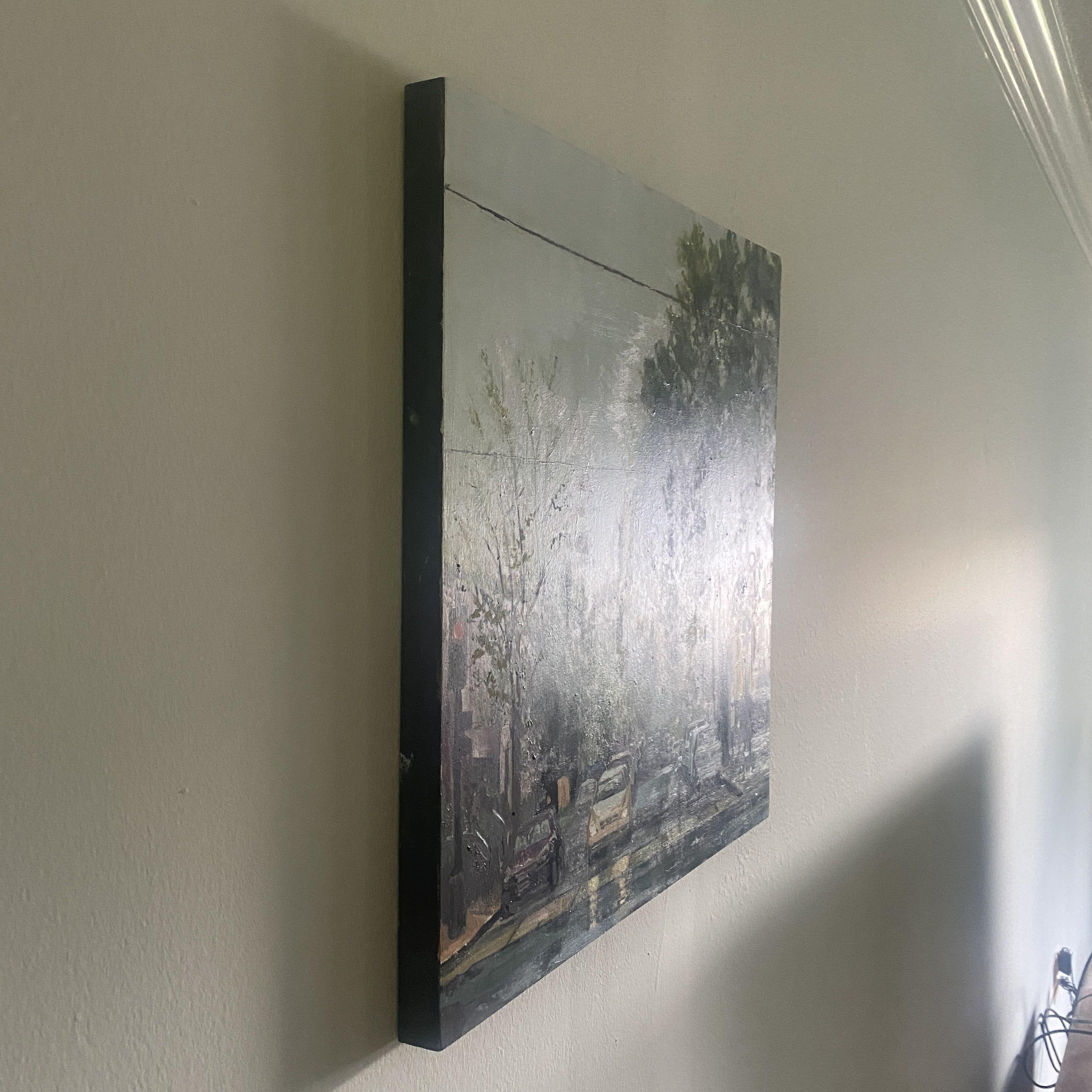 After The Rain - 2023 - Olio su tavola cullata - 16 H. x 16 L. x 0,75 pollici e pronto da appendere    Visitare il mio vecchio quartiere a Washington DC in una giornata di pioggia è come fare un salto in un mondo nostalgico pieno di ricordi ed