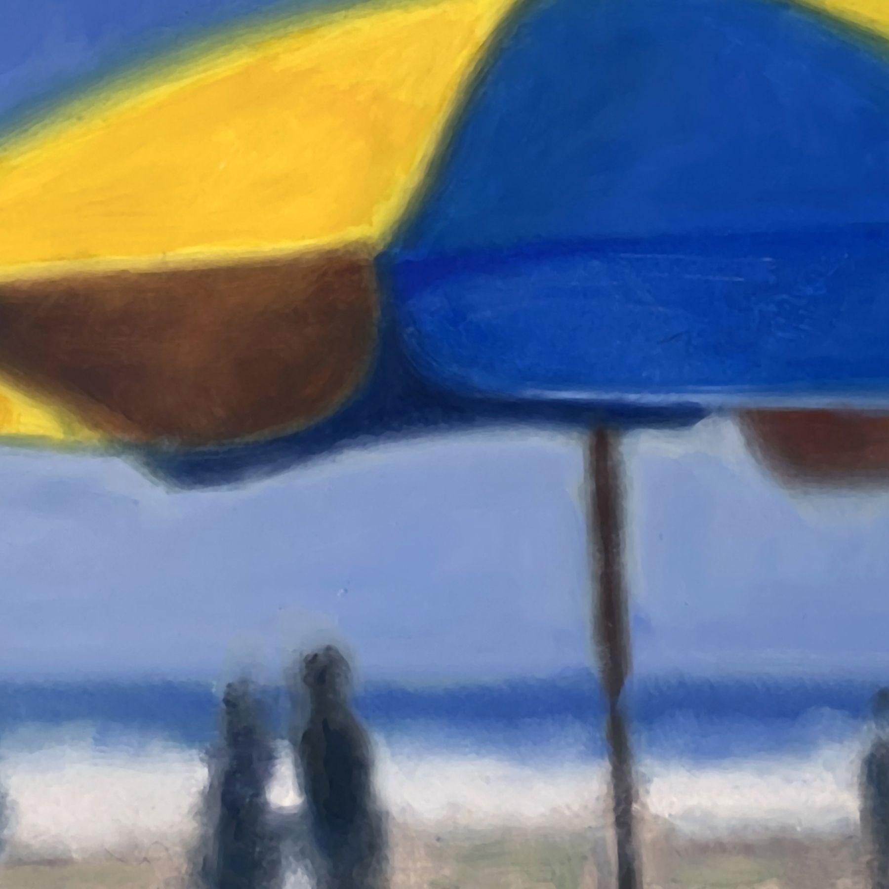 Parapluie de plage, peinture, huile sur panneau de bois - Contemporain Painting par Dennis Crayon