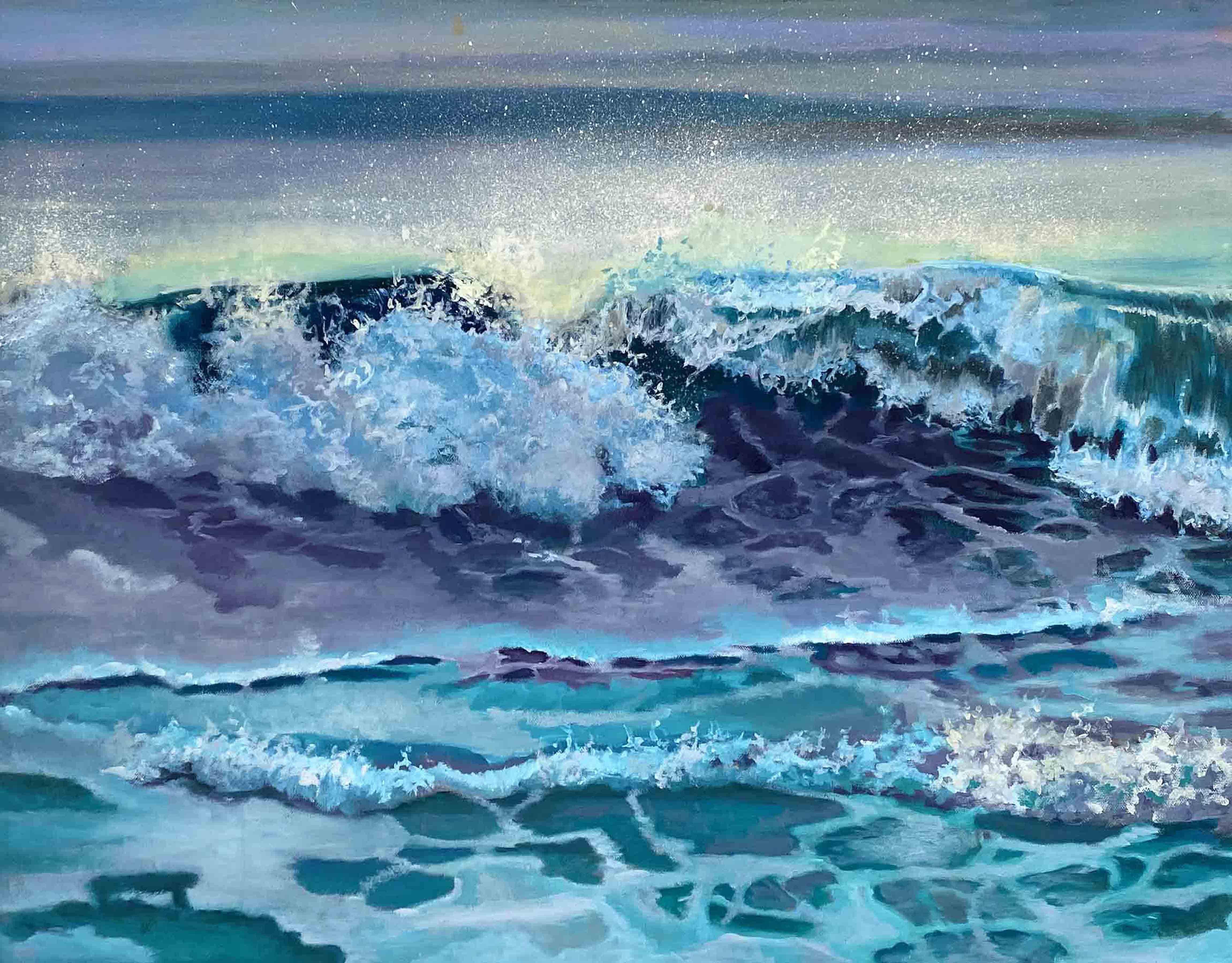 2023 - Oil on Gallery Wrapped Canvas â€“24H x 30 W x 1.5 Inches and ready to hang  Pura Vida Wave is a stunning painting by celebrated artist Dennis Crayon that captures the natural beauty of Costa Rica's stunning beaches and crystal blue green