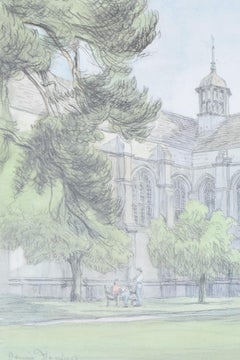 Lithographie sur le devant de jardin du Wadham College, Oxford, par Dennis Flanders