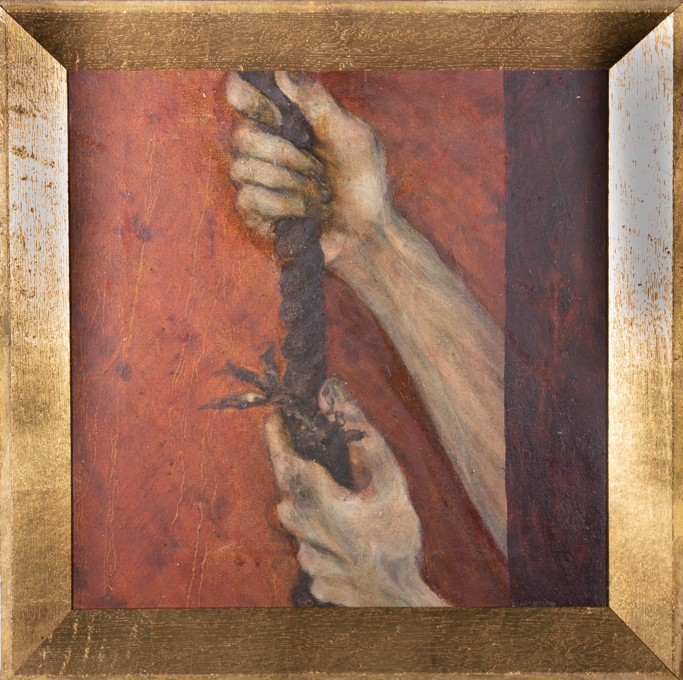 Un olio del XX secolo dalla composizione audace che mostra due mani che si aggrappano disperatamente a una corda sfilacciata. Questo dipinto metaforico e drammatico è stato firmato sul retro e presentato in un'elegante custodia di quercia dorata. Su