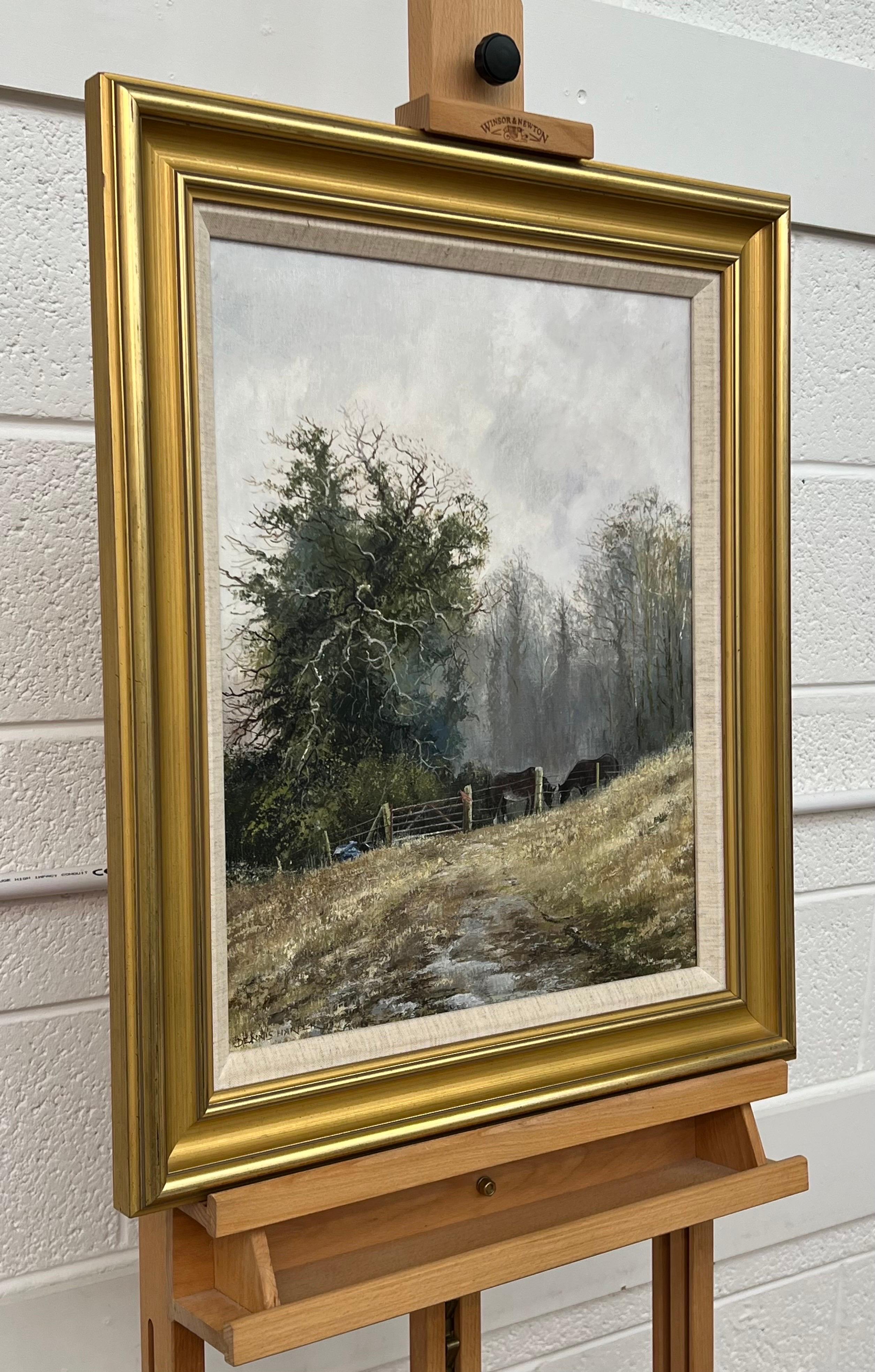 Chevaux se nourrissant dans un champ de la campagne anglaise en hiver par The English Artist - Painting de Dennis Harper