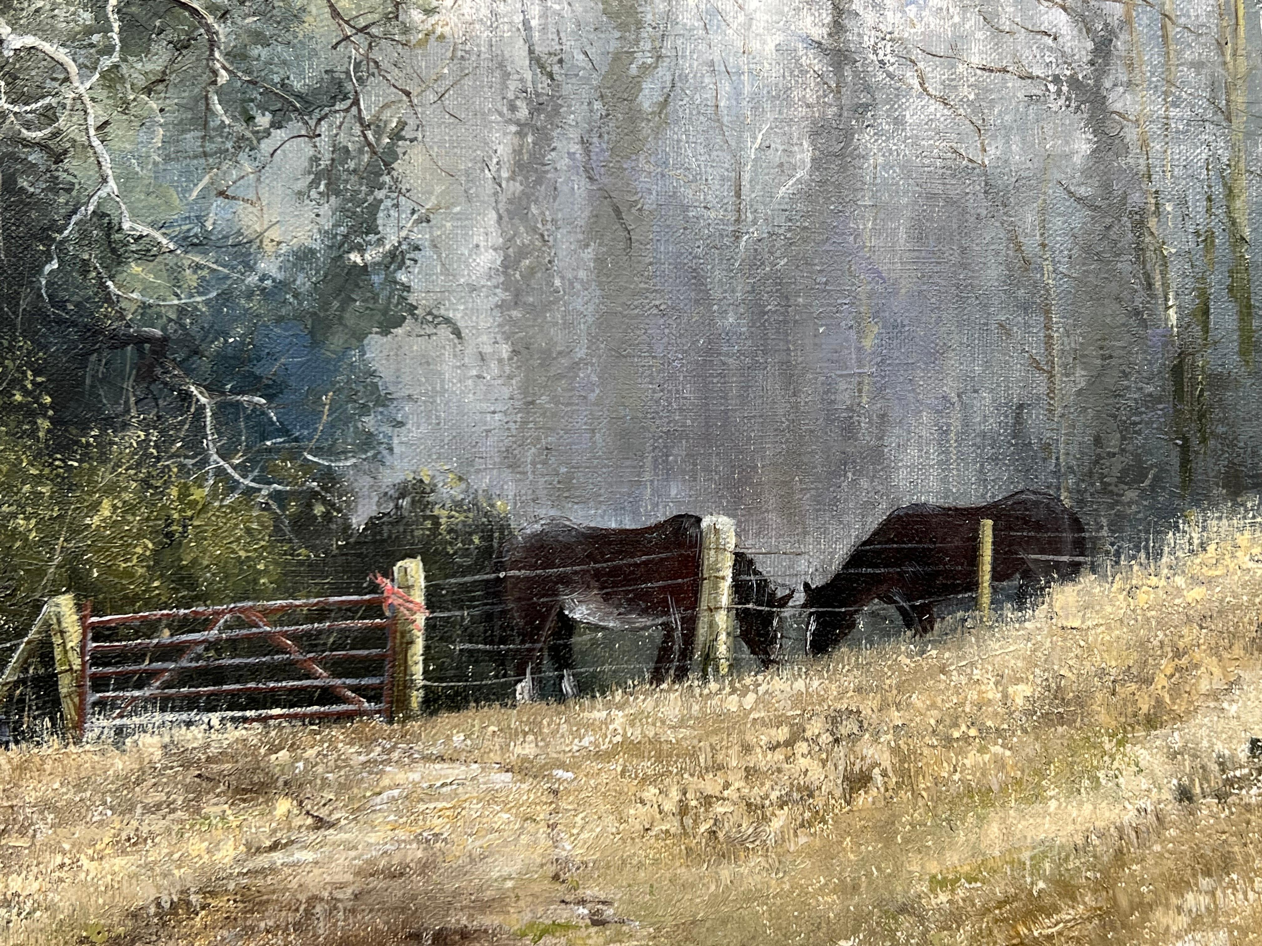 Painting of Horses feeding in the English Countryside by Dennis Harper, ( b. 1940) 
British Artist known for his Realist Oil Paintings, Harper is an active member of several art societies and exhibited widely in the UK. 

Art measures 16 x 20 inches