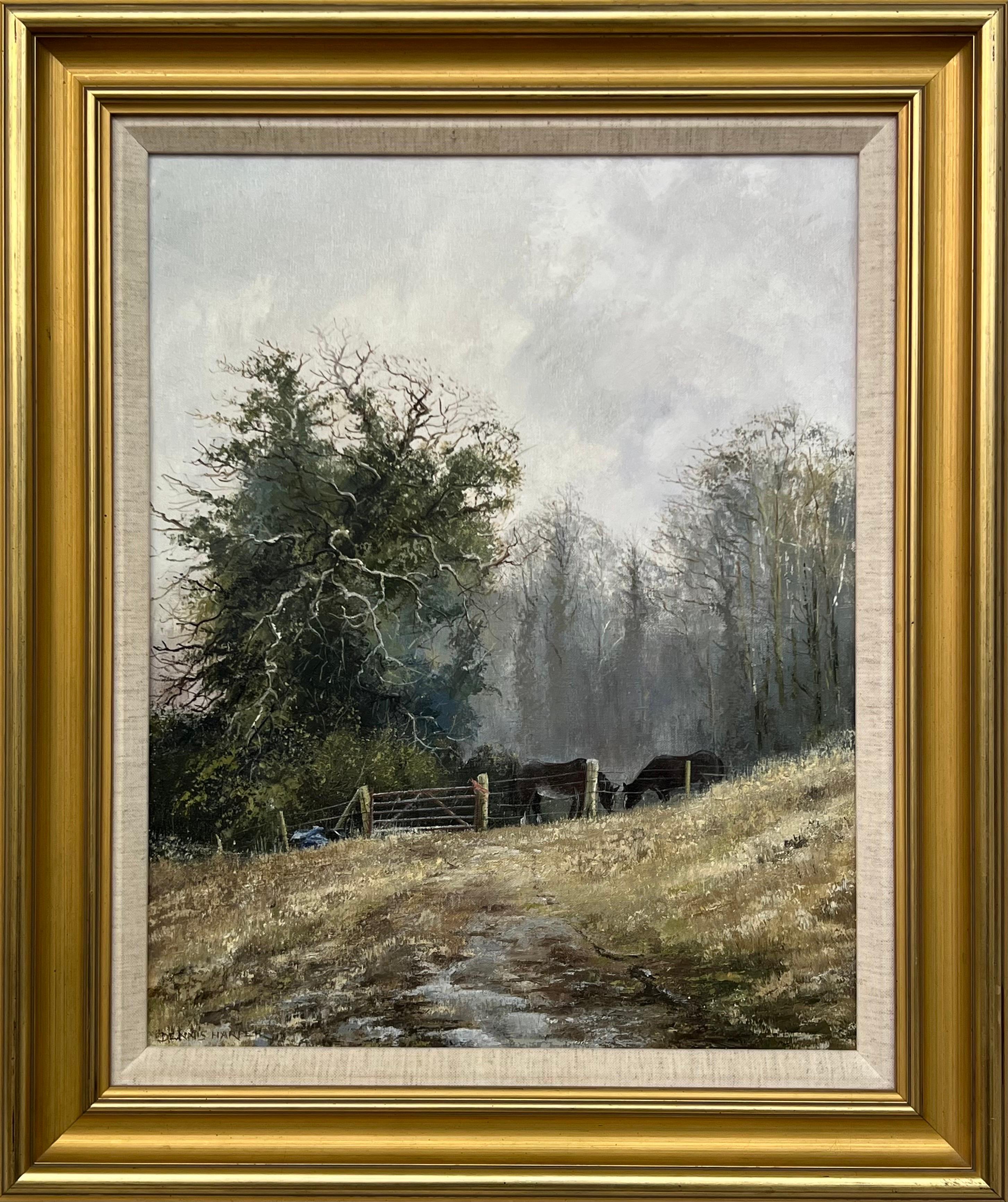 Landscape Painting Dennis Harper - Chevaux se nourrissant dans un champ de la campagne anglaise en hiver par The English Artist