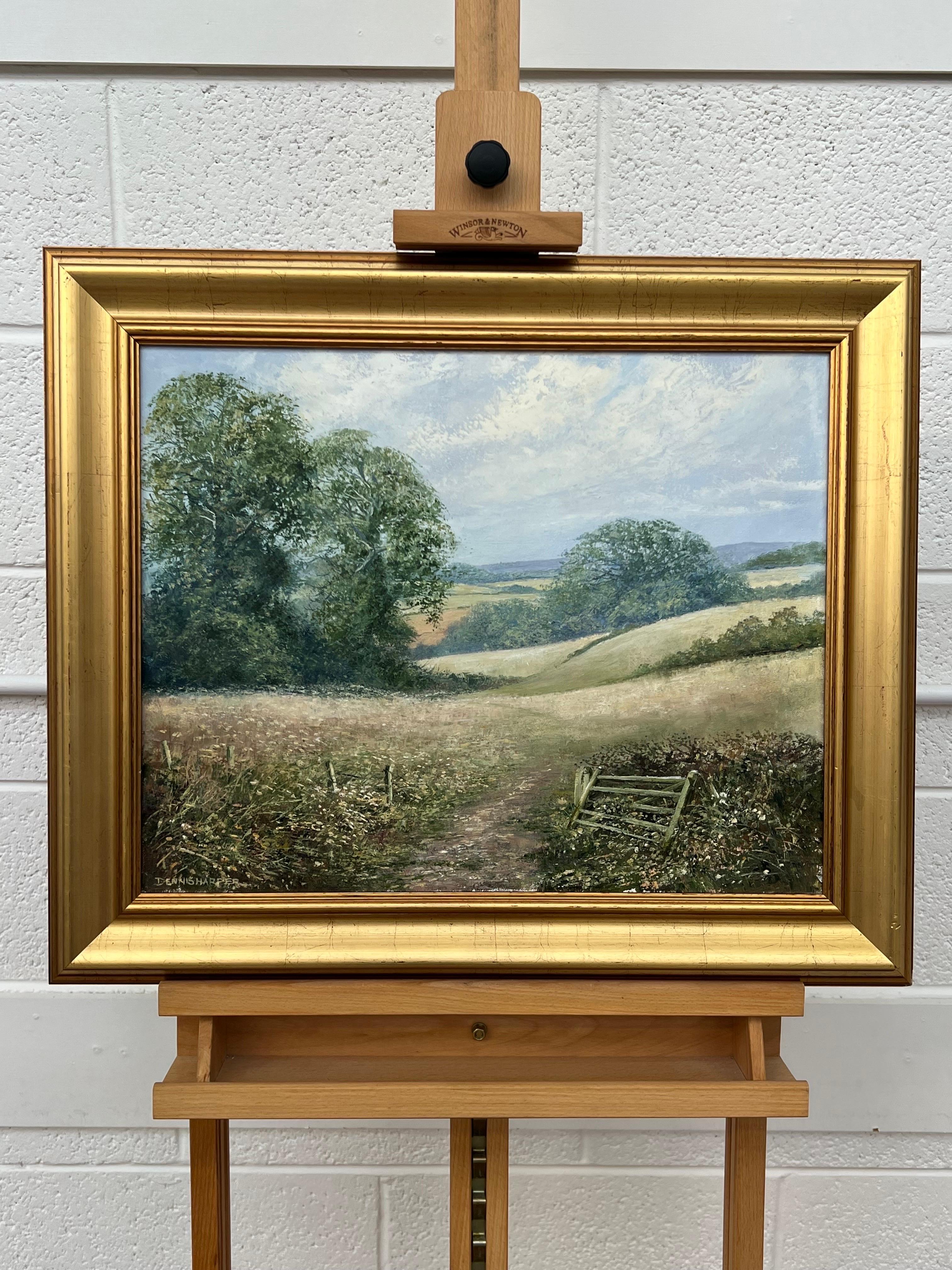 Rural Field Landscape Oil Painting of an Idyllic English Countryside Scene, by British Artist Dennis Harper, ( b. 1940) 
Harper is best known for his Realist Oil Paintings, and is an active member of several art societies having exhibited widely in