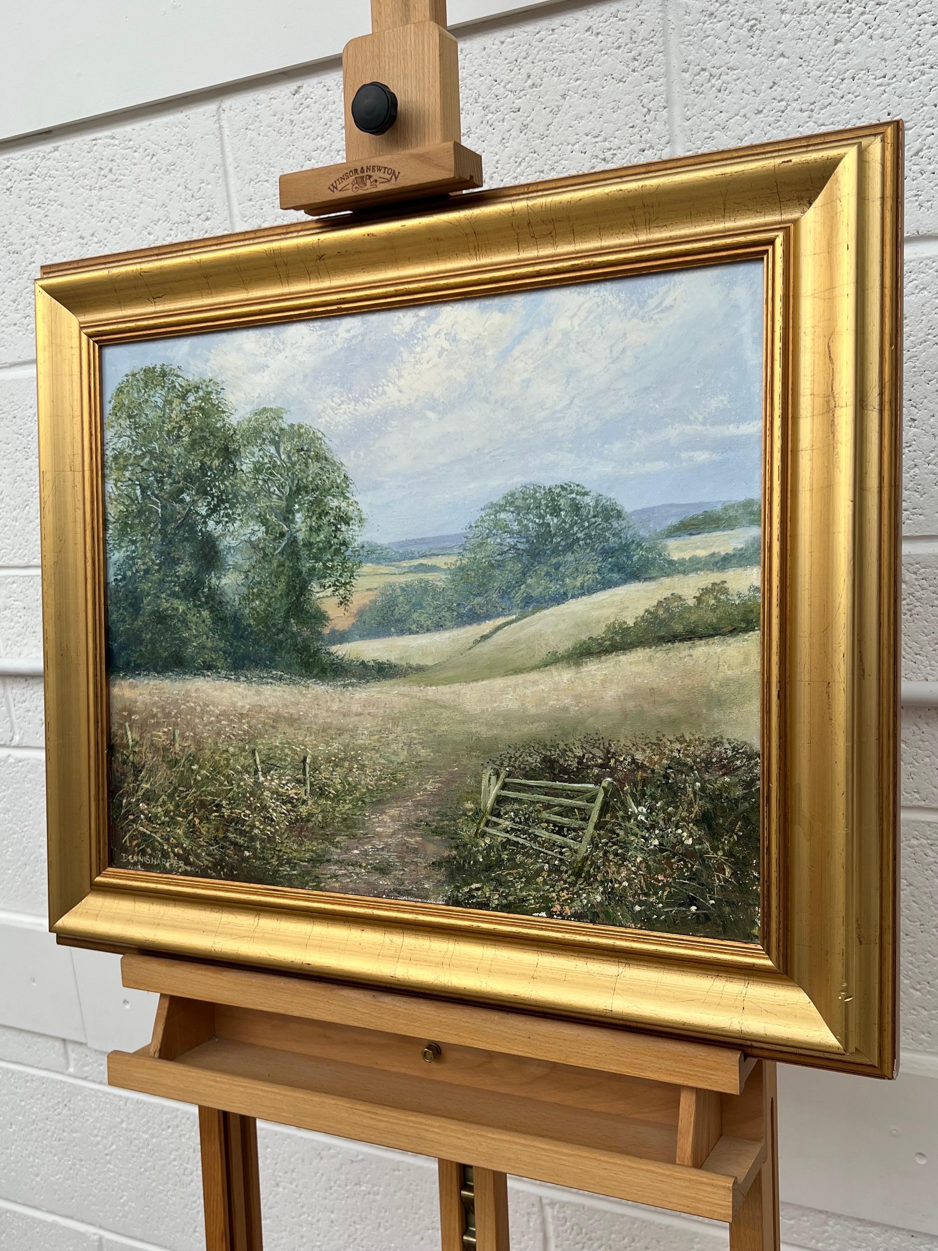 Rural Field Landscape Oil Painting of an Idyllic English Countryside Scene, by British Artist Dennis Harper, ( b. 1940) 
Harper is best known for his Realist Oil Paintings, and is an active member of several art societies having exhibited widely in