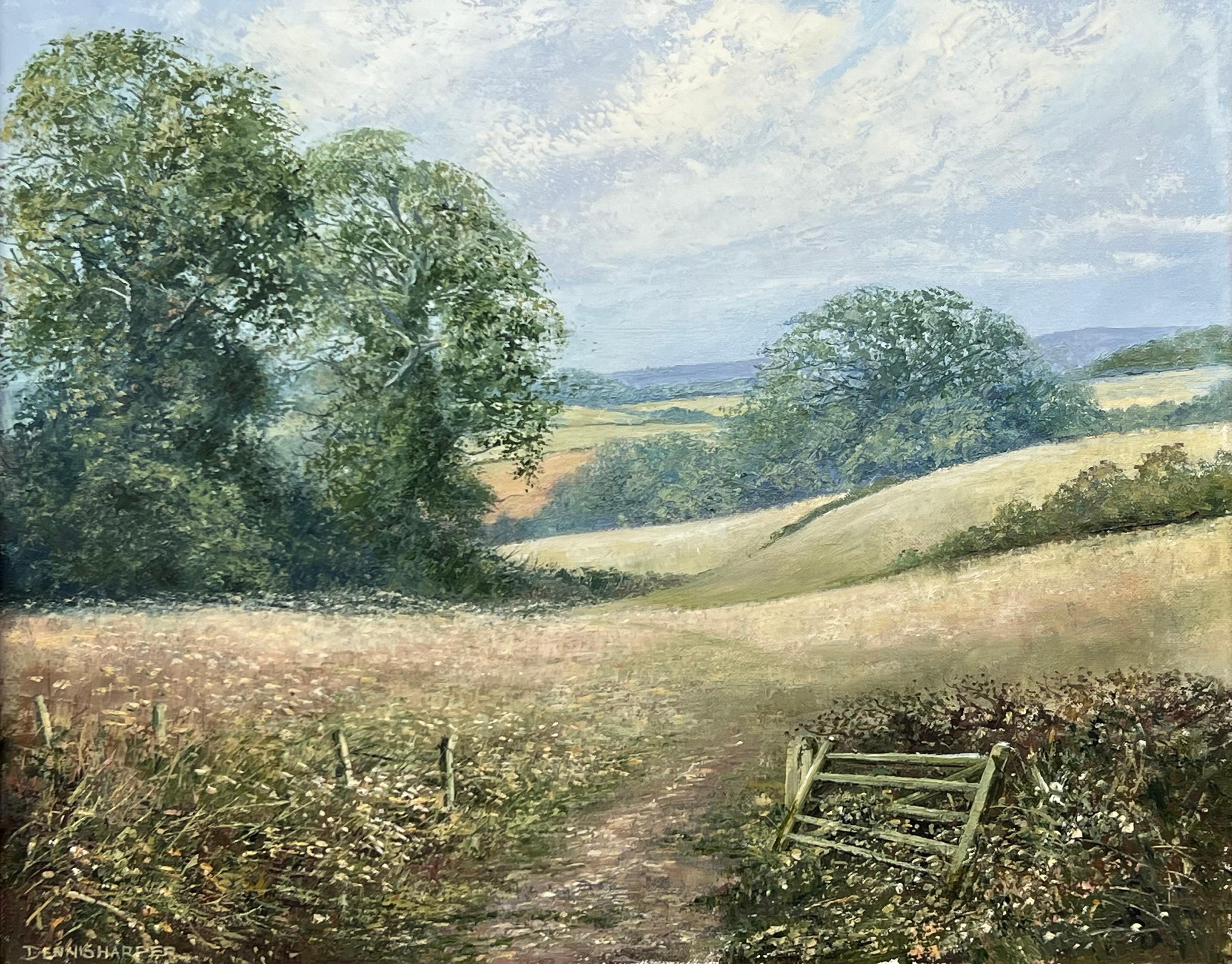 Rural Field Landscape Oil Painting of an Idyllic English Countryside Scene For Sale 11