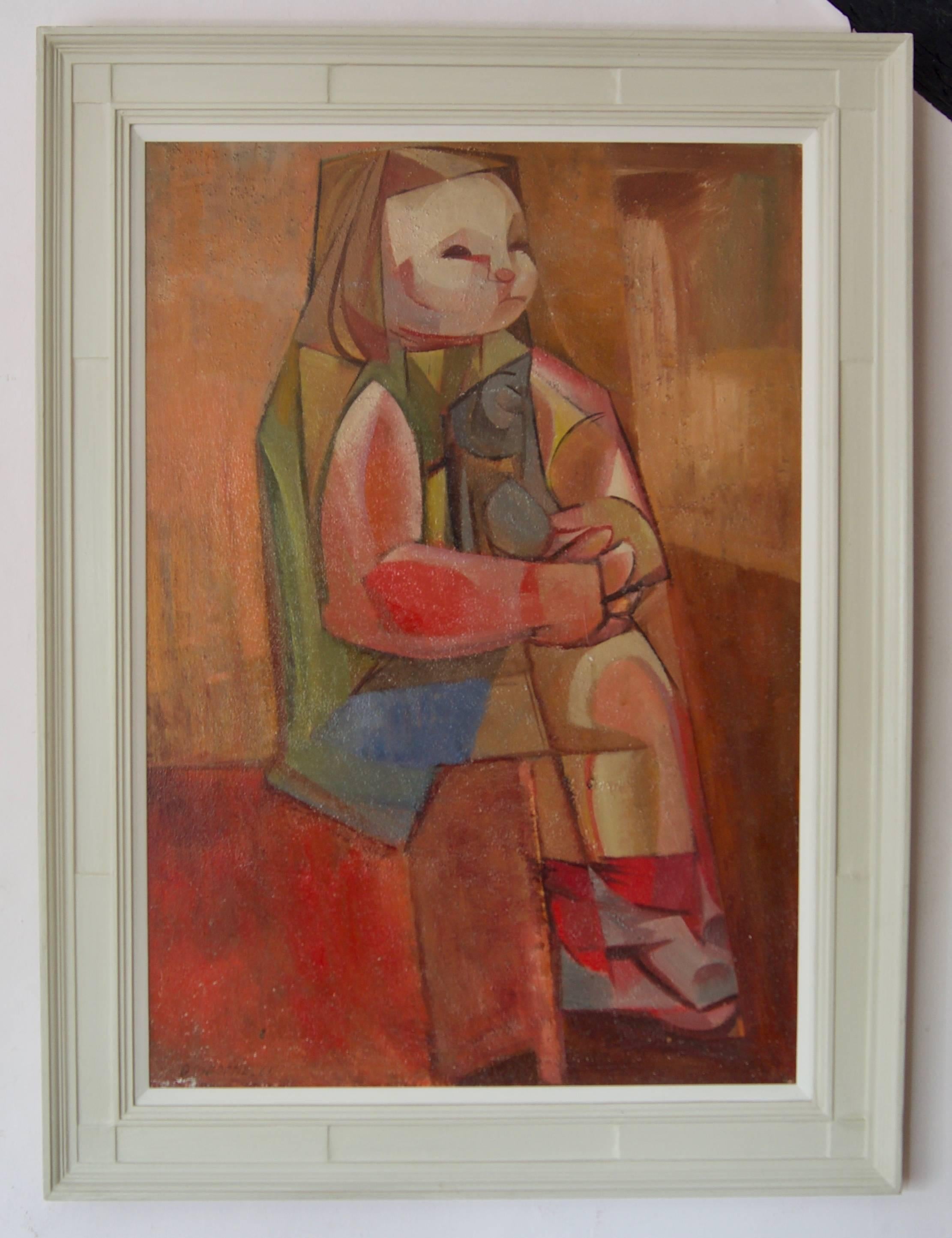 Abstraktes kubistisches Mädchen auf Stuhl – Öl von Dennis Henry Osborne, Mitte des 20. Jahrhunderts im Angebot 1