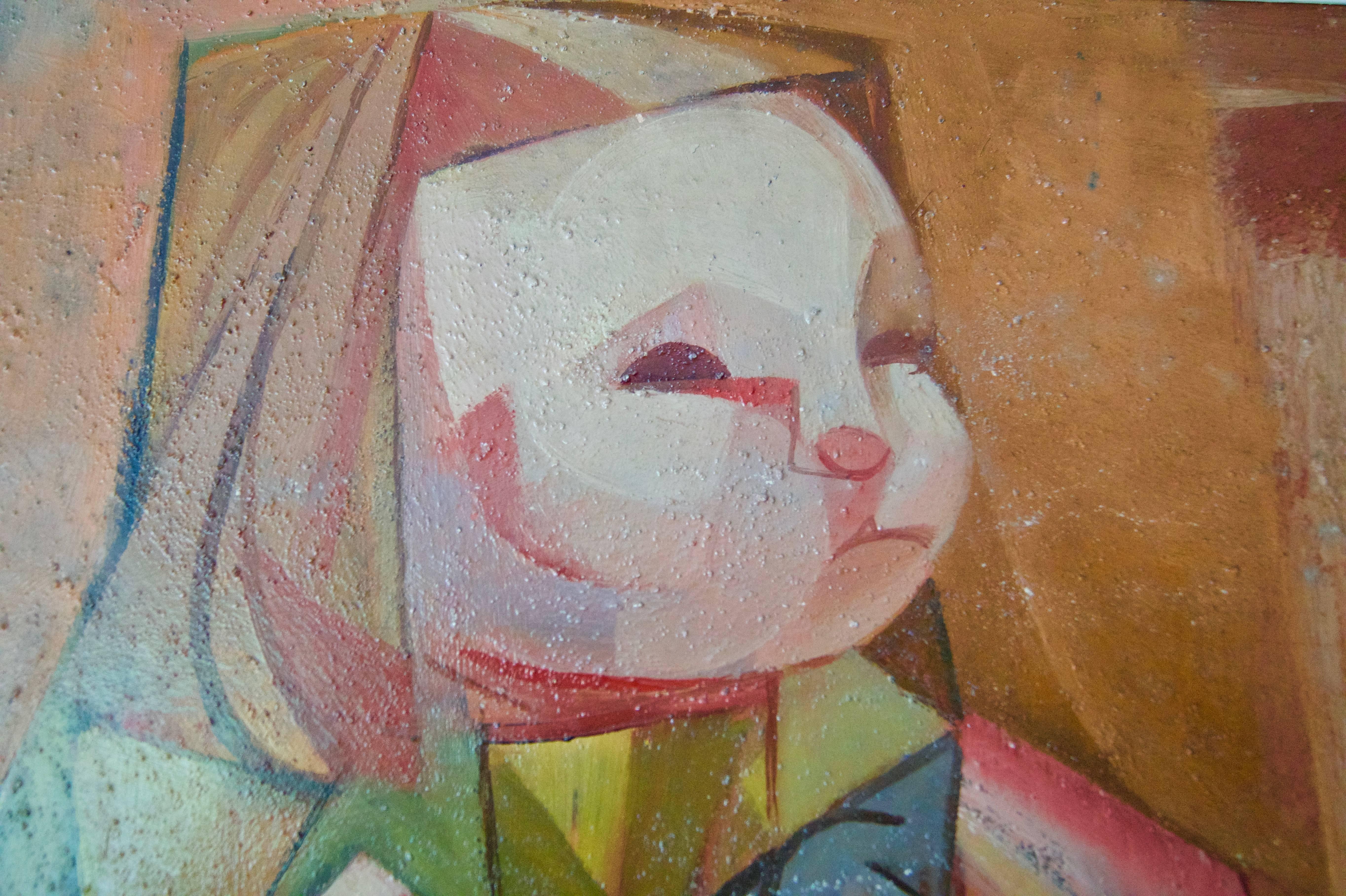 Fille cubiste abstraite sur une chaise - milieu du 20e siècle Huile de Dennis Henry Osborne en vente 2