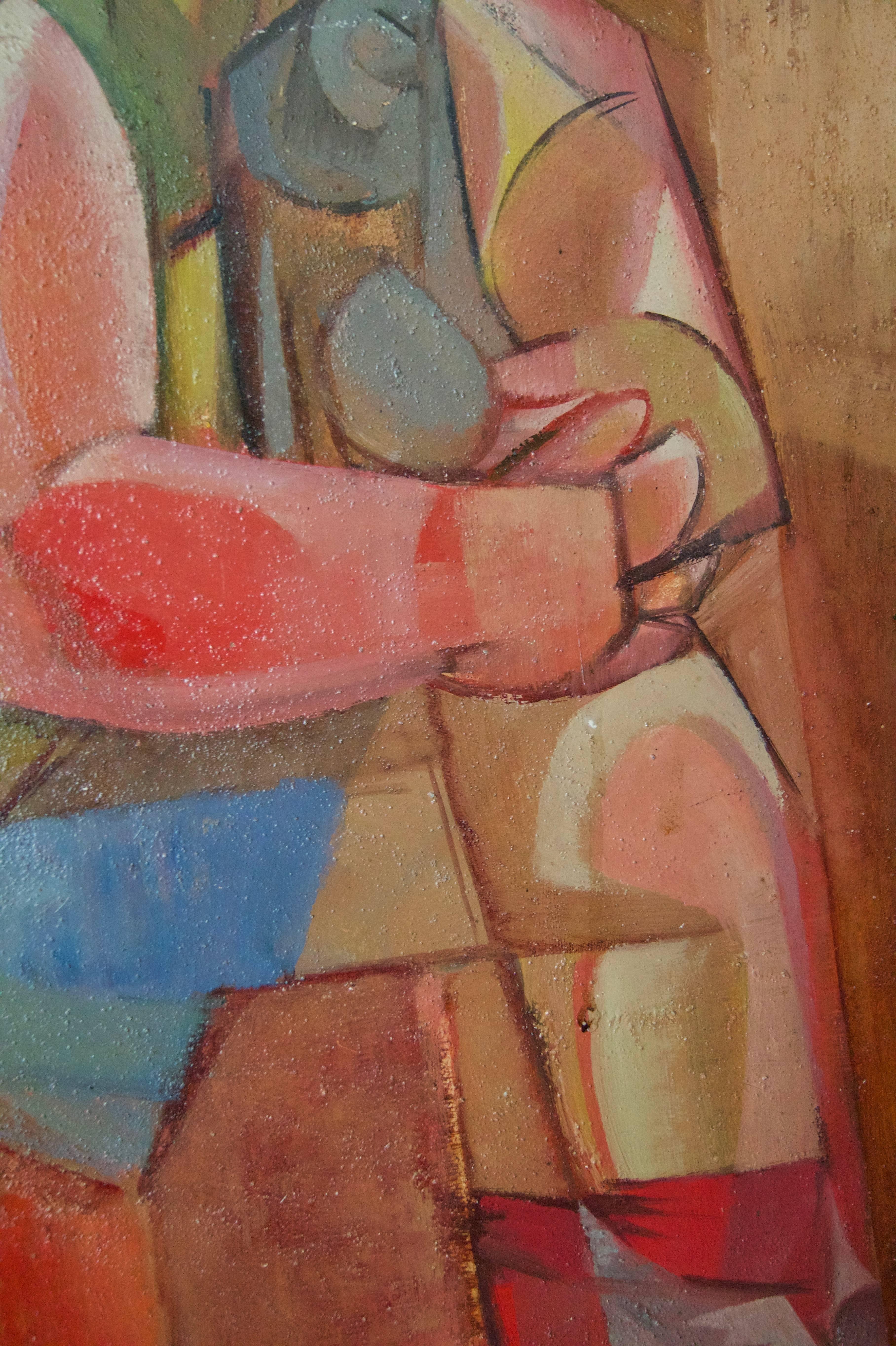 Abstraktes kubistisches Mädchen auf Stuhl – Öl von Dennis Henry Osborne, Mitte des 20. Jahrhunderts im Angebot 3