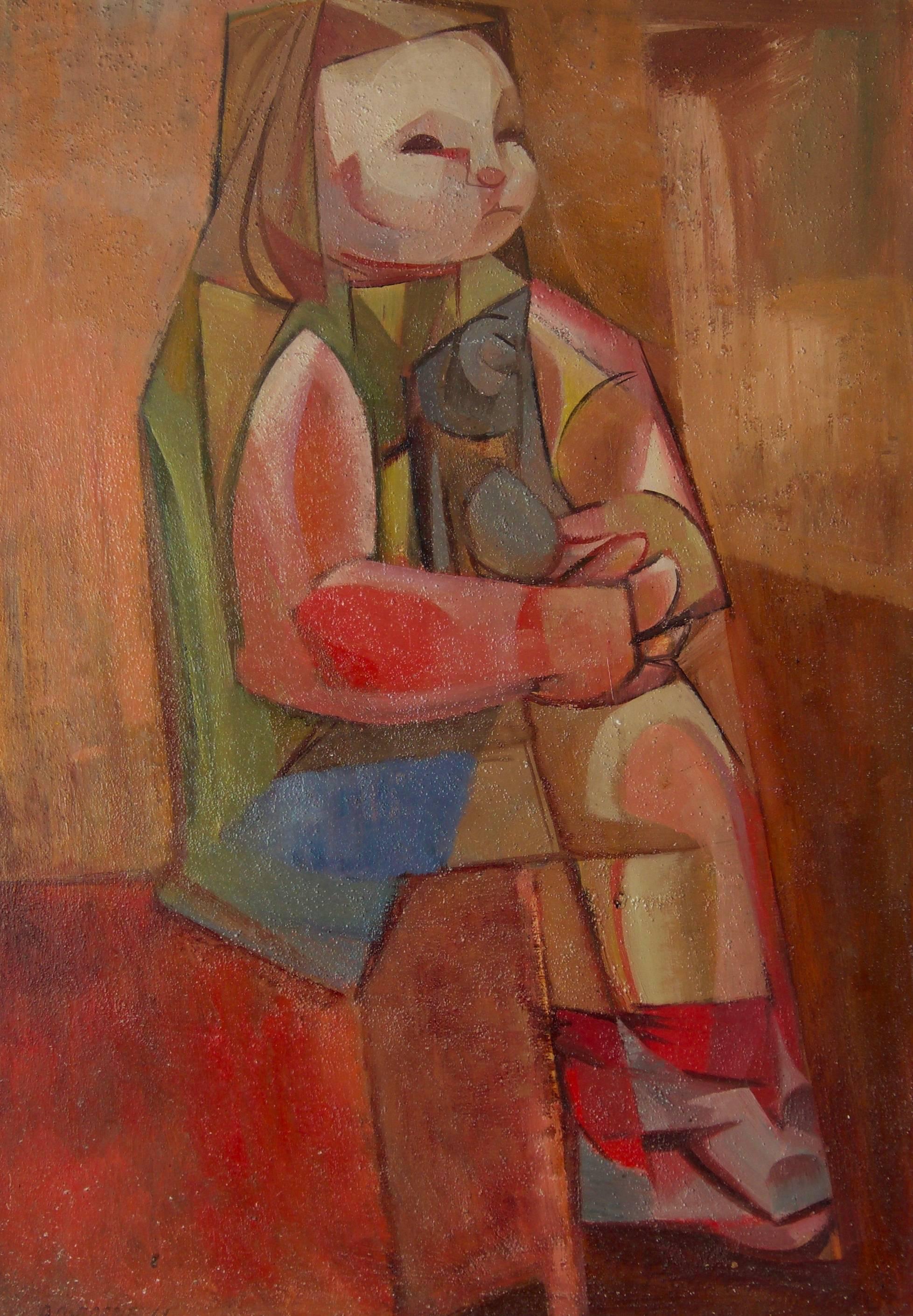Abstract Cubist Girl on Chair - Mid 20th Century Oil by Dennis Henry Osborne