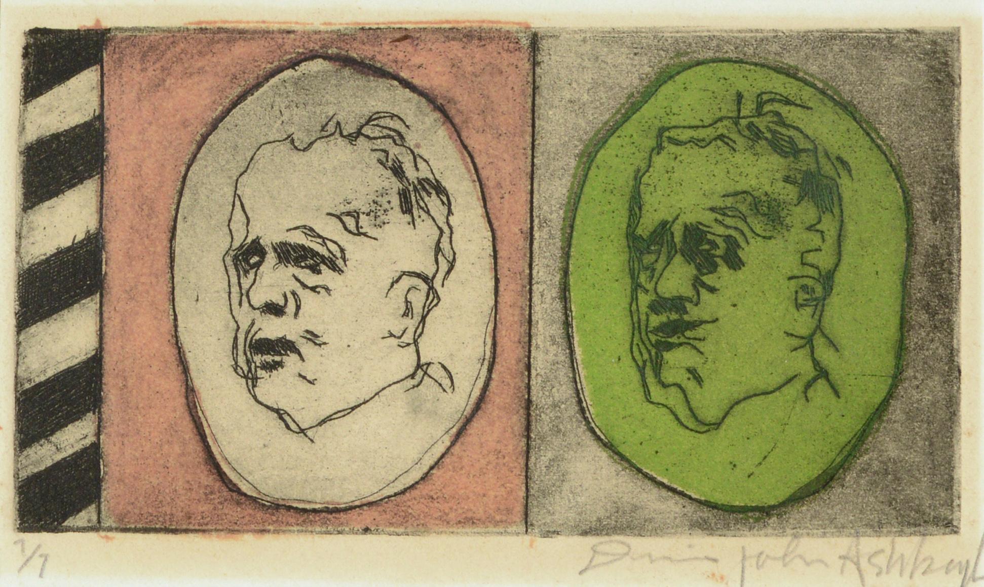 Two Faces, Modern Self-Portrait Lithograph of the Artist Aging in Pink & Green - Print by Dennis John Ashbaugh
