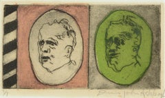 Two Faces, Modern Self-Portrait Lithograph of the Artist Aging in Pink & Green