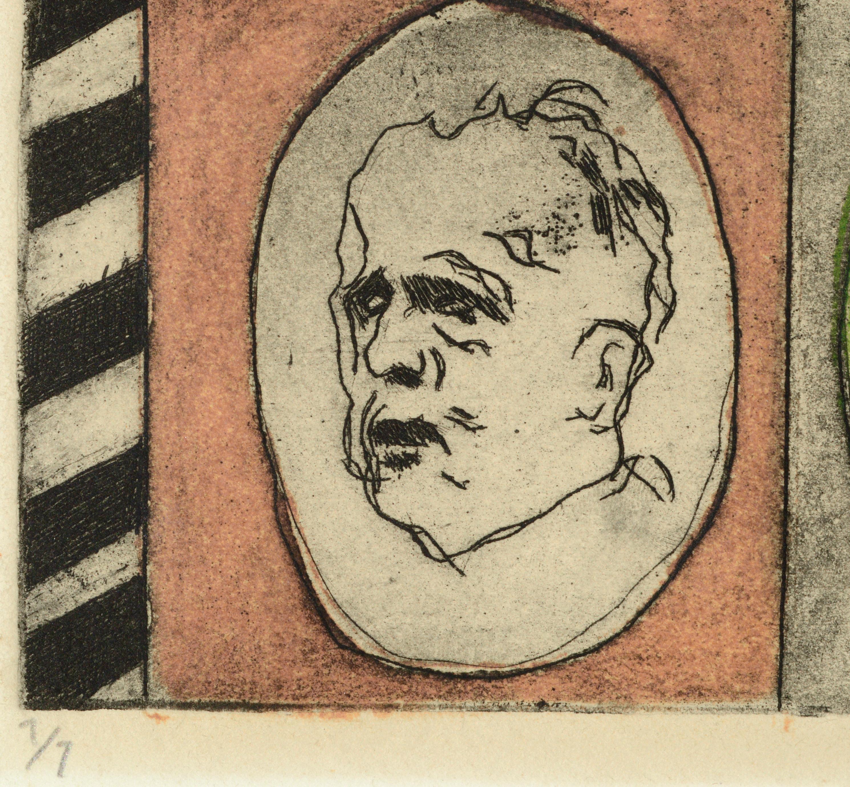 Zwei Gesichter, Modernes Self-Portrait Lithographie des alternden Künstlers in Pink & Grün (Beige), Abstract Print, von Dennis John Ashbaugh