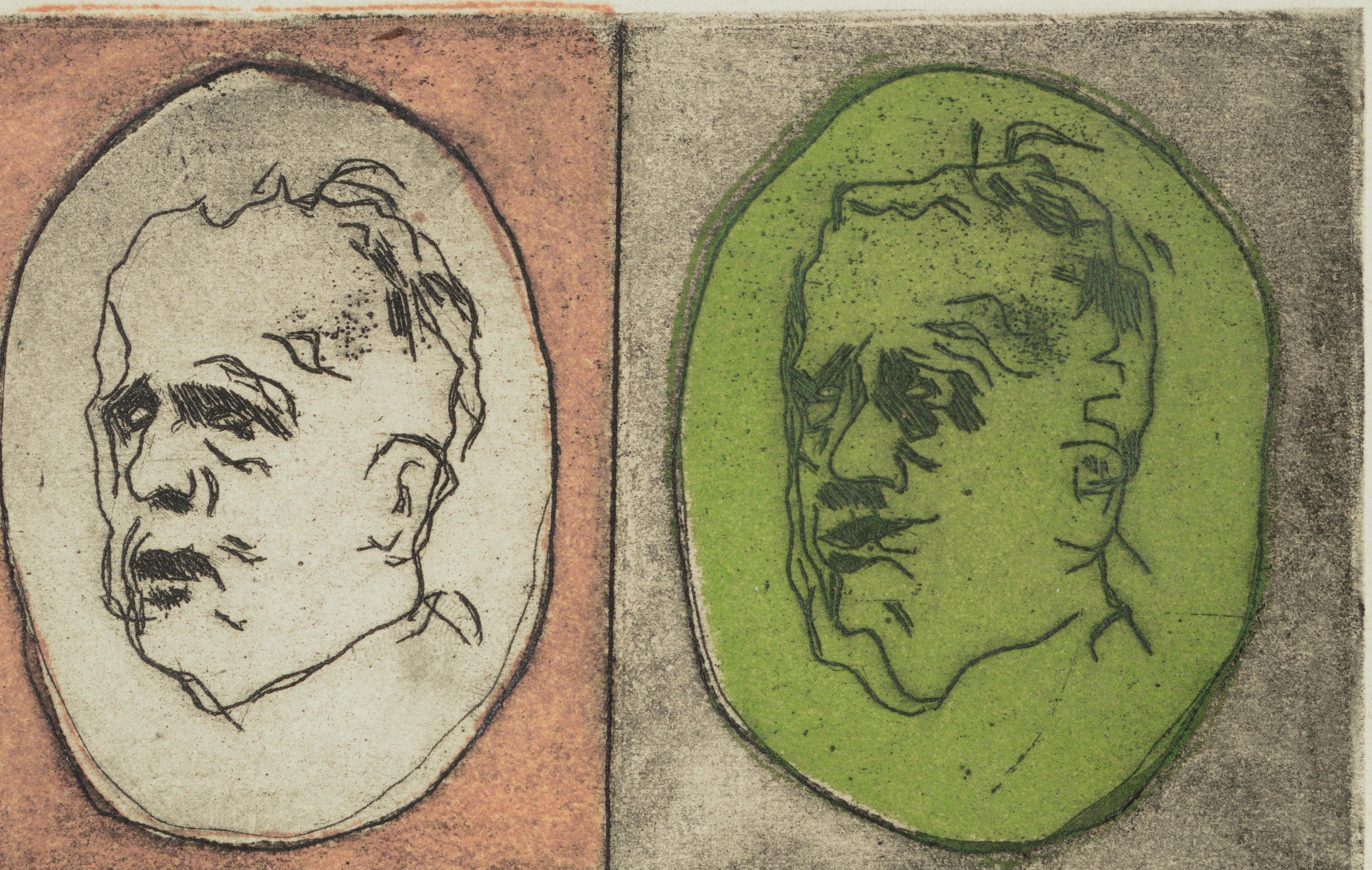 Limitierte, handsignierte Lithografie mit zwei aufeinanderfolgenden modernen Porträts von Gesichtern mit unterschiedlichem Abstraktionsgrad in Rosa und Grün von Dennis John Ashbaugh (Amerikaner, geb. 1946). Nummerierung 