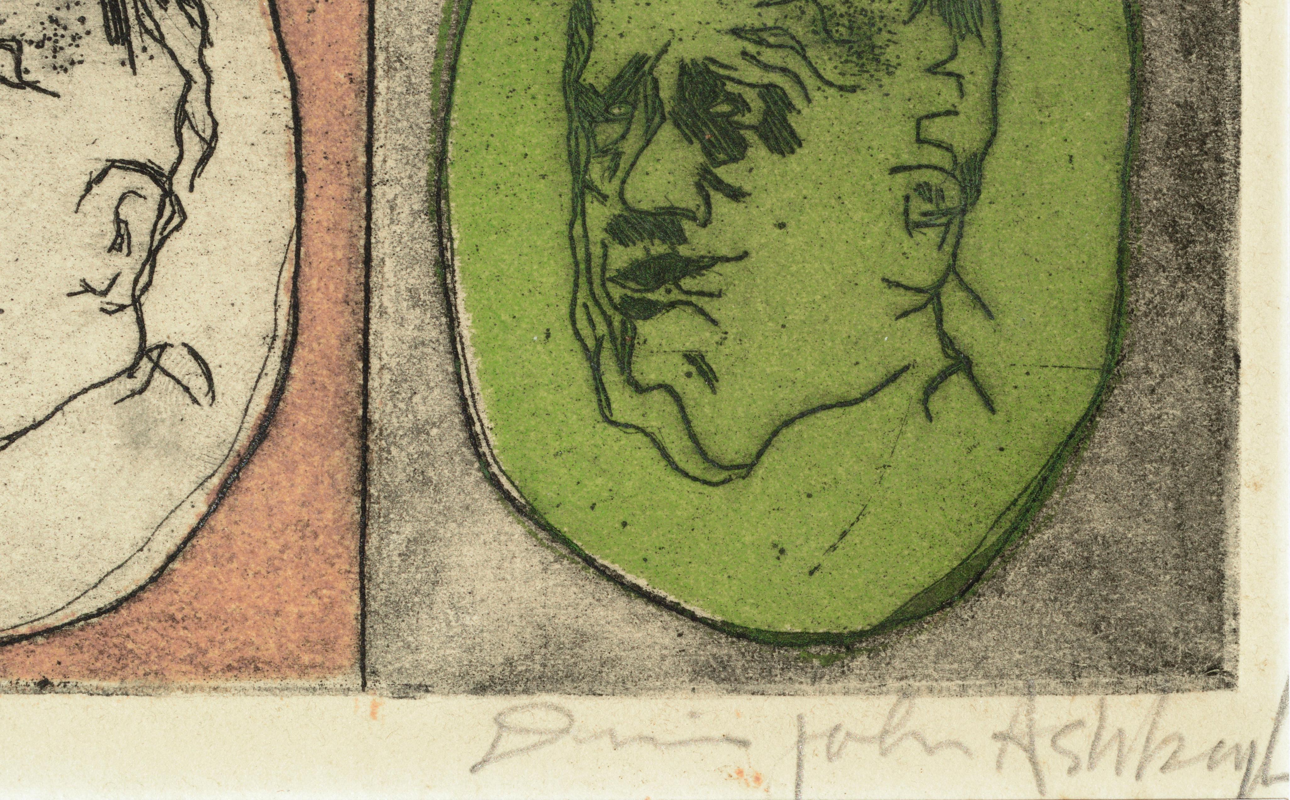Zwei Gesichter, Modernes Self-Portrait Lithographie des alternden Künstlers in Pink & Grün im Angebot 1