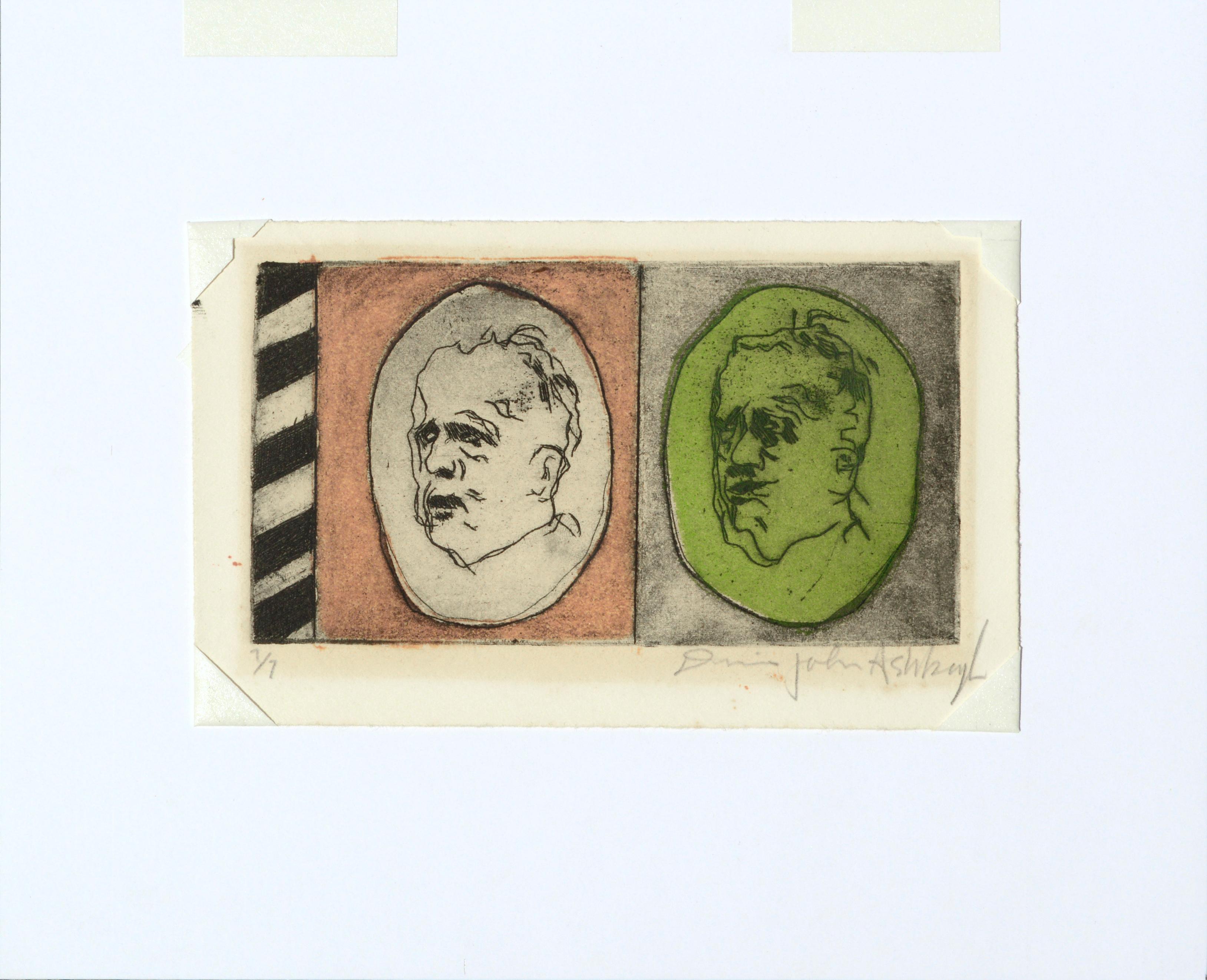 Two Faces, Modern Self-Portrait Lithograph of the Artist Aging in Pink & Green - Beige Abstract Print by Dennis John Ashbaugh