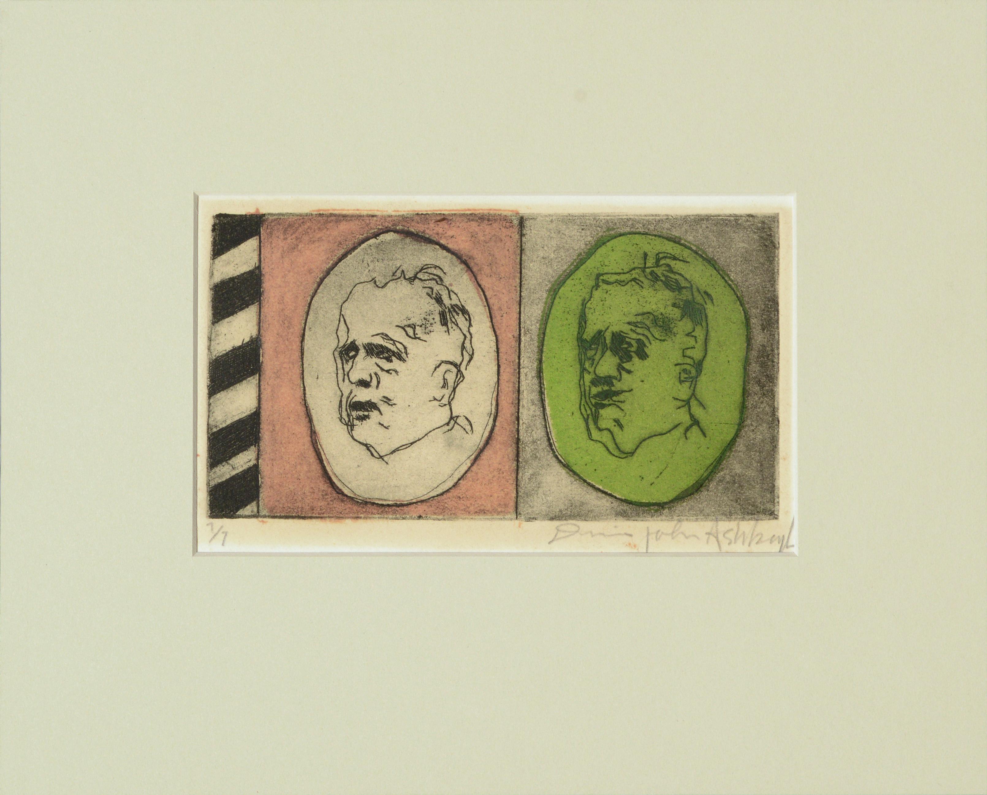 Two Faces, Lithographie d'un Self-Portrait Modern de l'Artiste Vieillissant en Rose & Greene