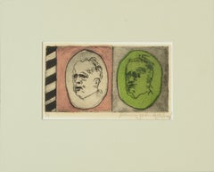 Two Faces, Modern Self-Portrait Lithograph of the Artist Aging in Pink & Green