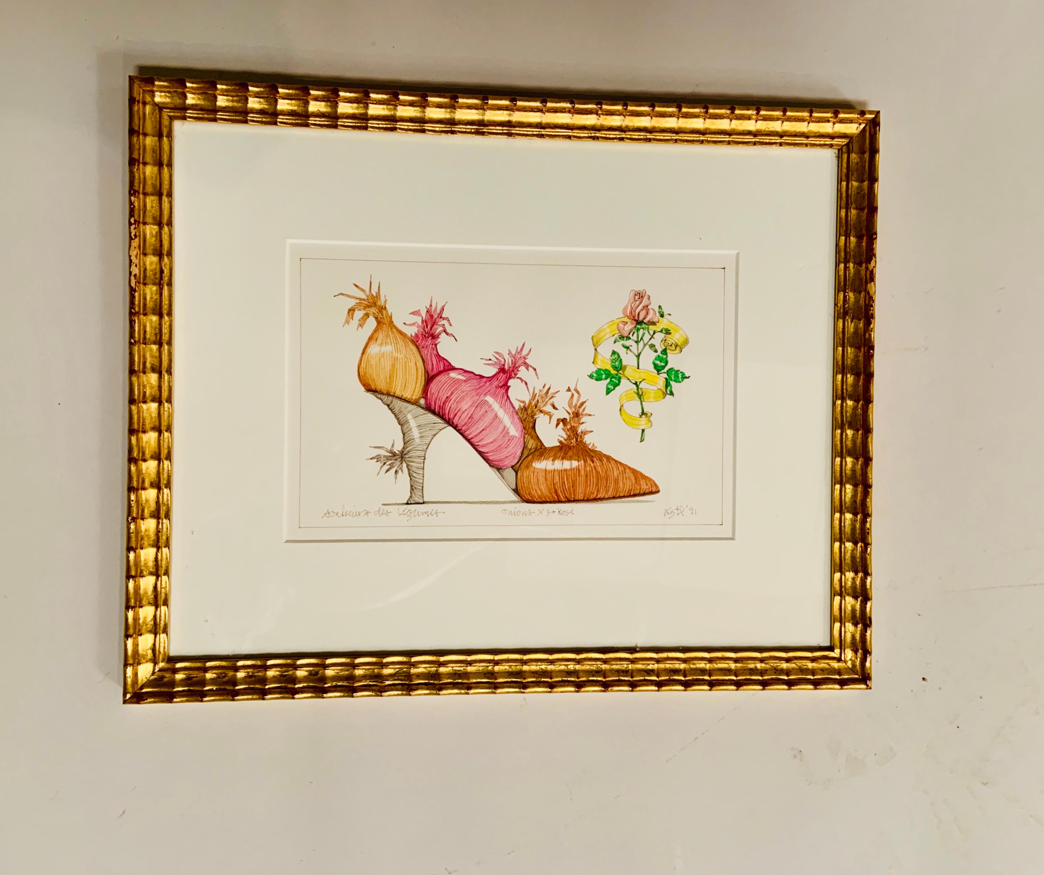 These fantasy watercolors were part of a larger group offered for sale at Stubbs Books & NYC in 1992. They depict women's shoes made from bananas, a pineapple and water lilies. They are beautifully executed and each one is signed, titled and dated