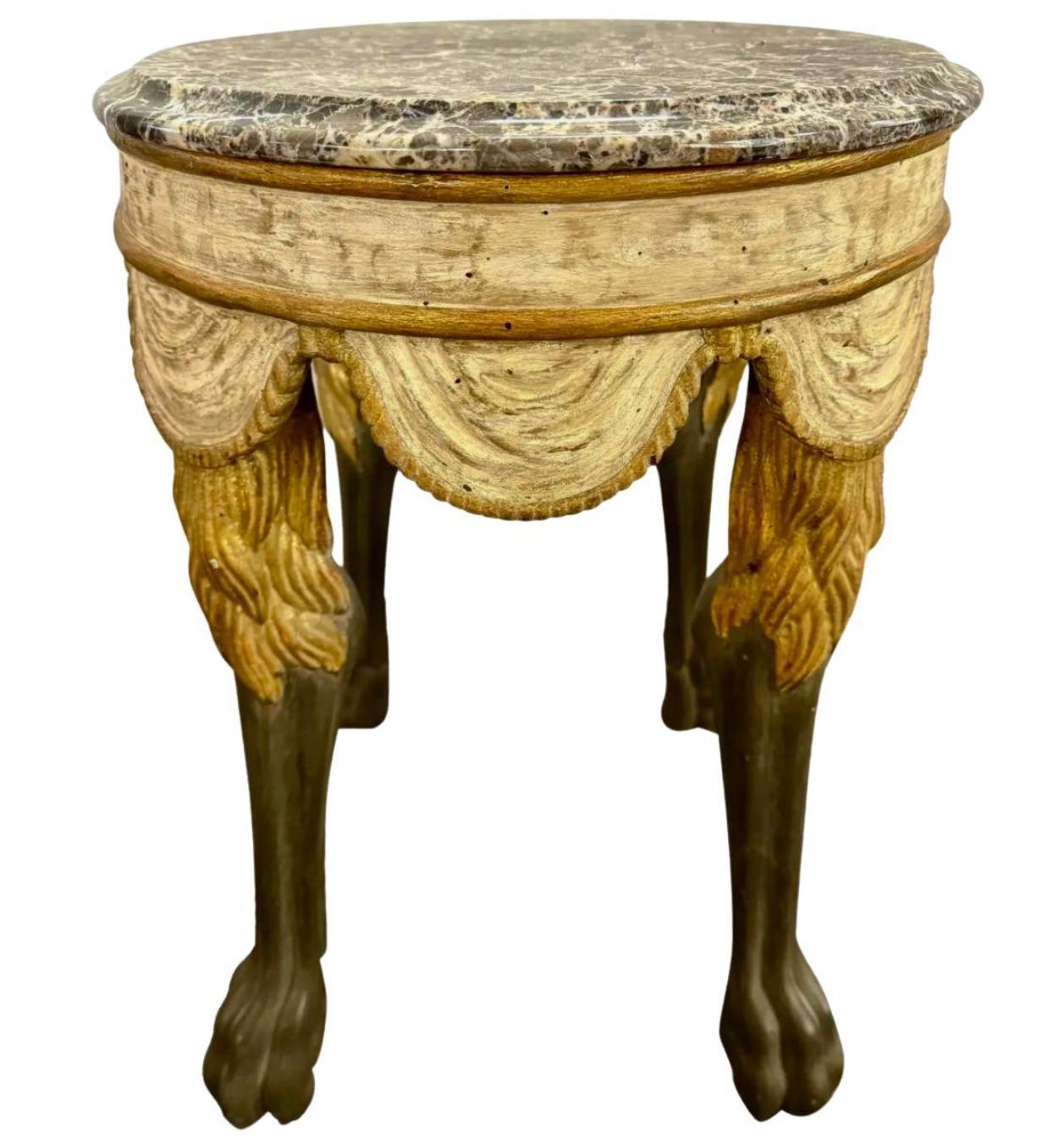 Classical Roman Dennis & Leen 18th C Style Lion Leg Marble Top Side Table