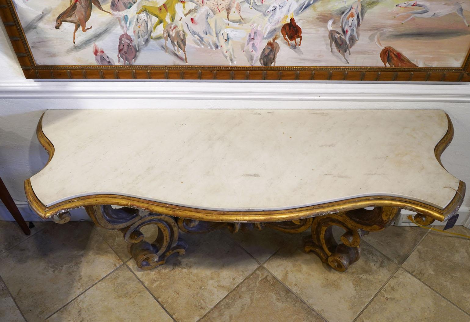 Dennis & Leen 'Baroque' Carved Wood Wall Console with Limestone Top In Good Condition In Ft. Lauderdale, FL