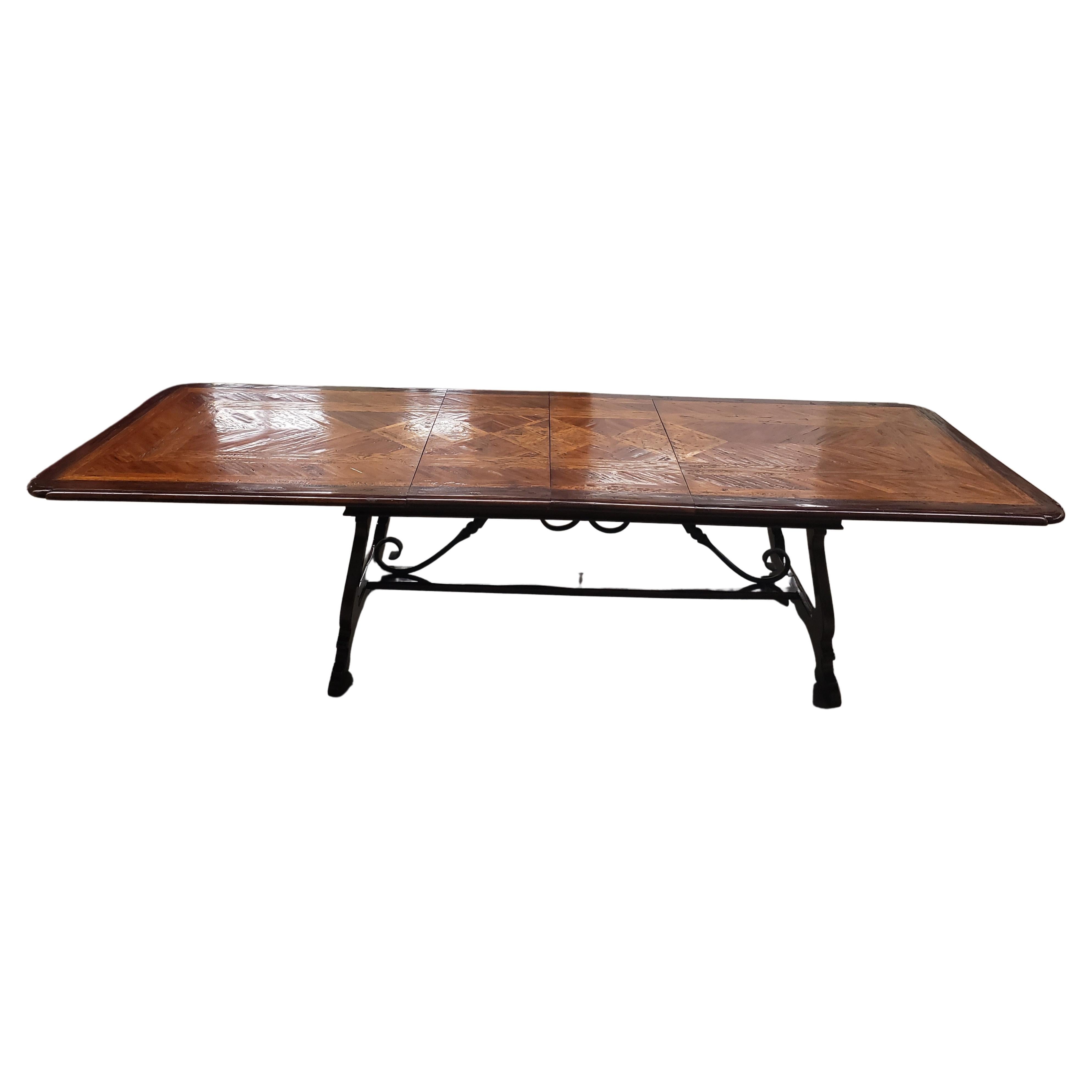 American Dennis & Leen Baroque Style Walnut Oak Mahogany Parquetry Trestle Dining Table  For Sale