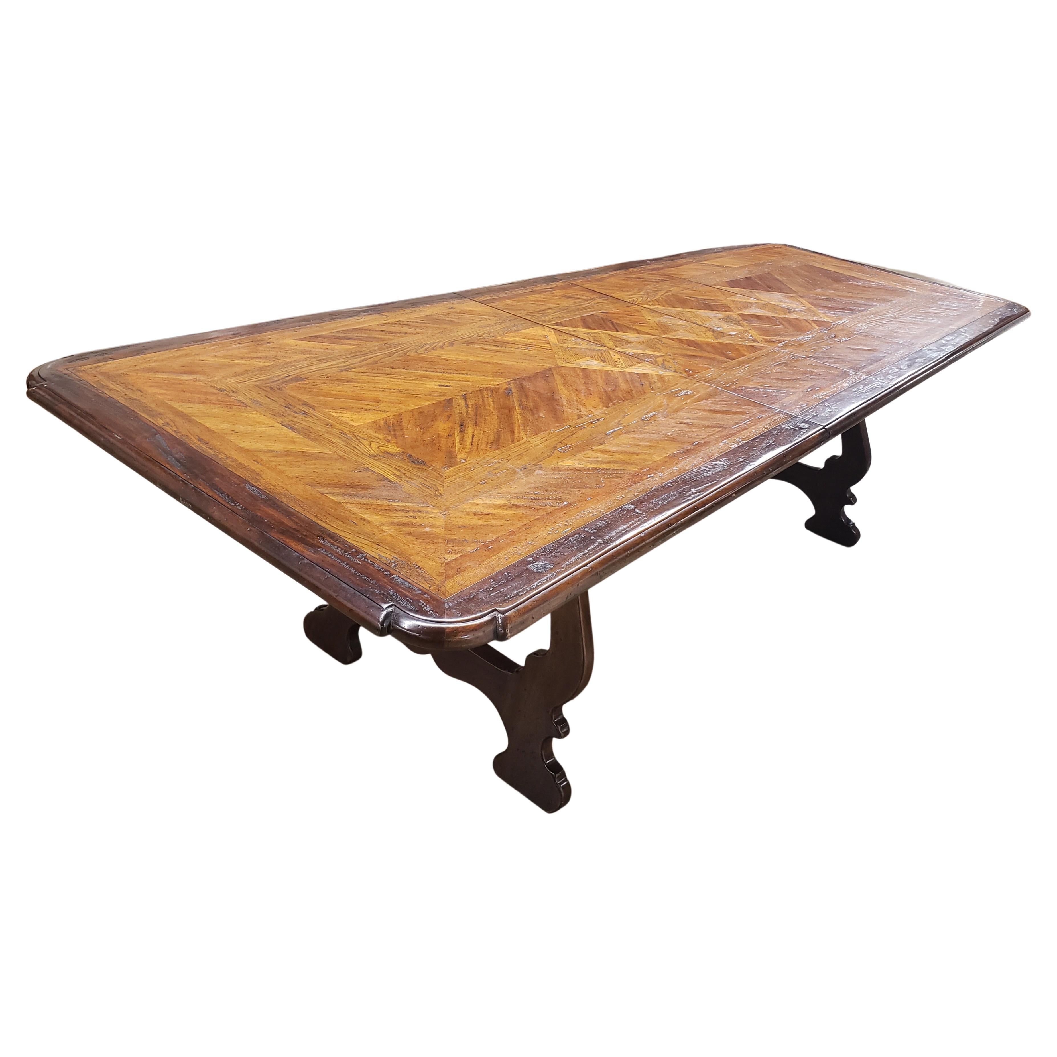 Iron Dennis & Leen Baroque Style Walnut Oak Mahogany Parquetry Trestle Dining Table  For Sale