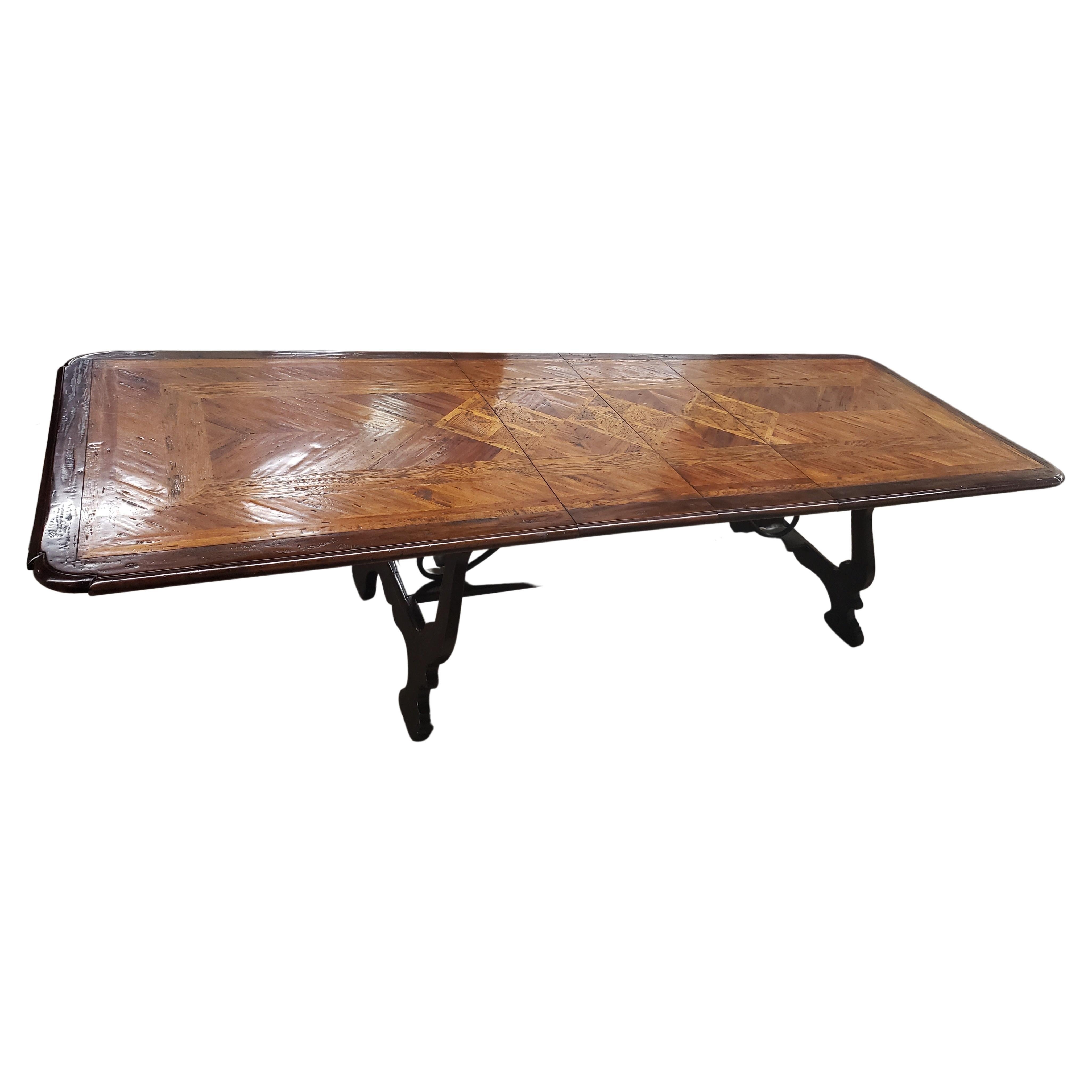 Dennis & Leen Baroque Style Walnut Oak Mahogany Parquetry Trestle Dining Table  For Sale 2