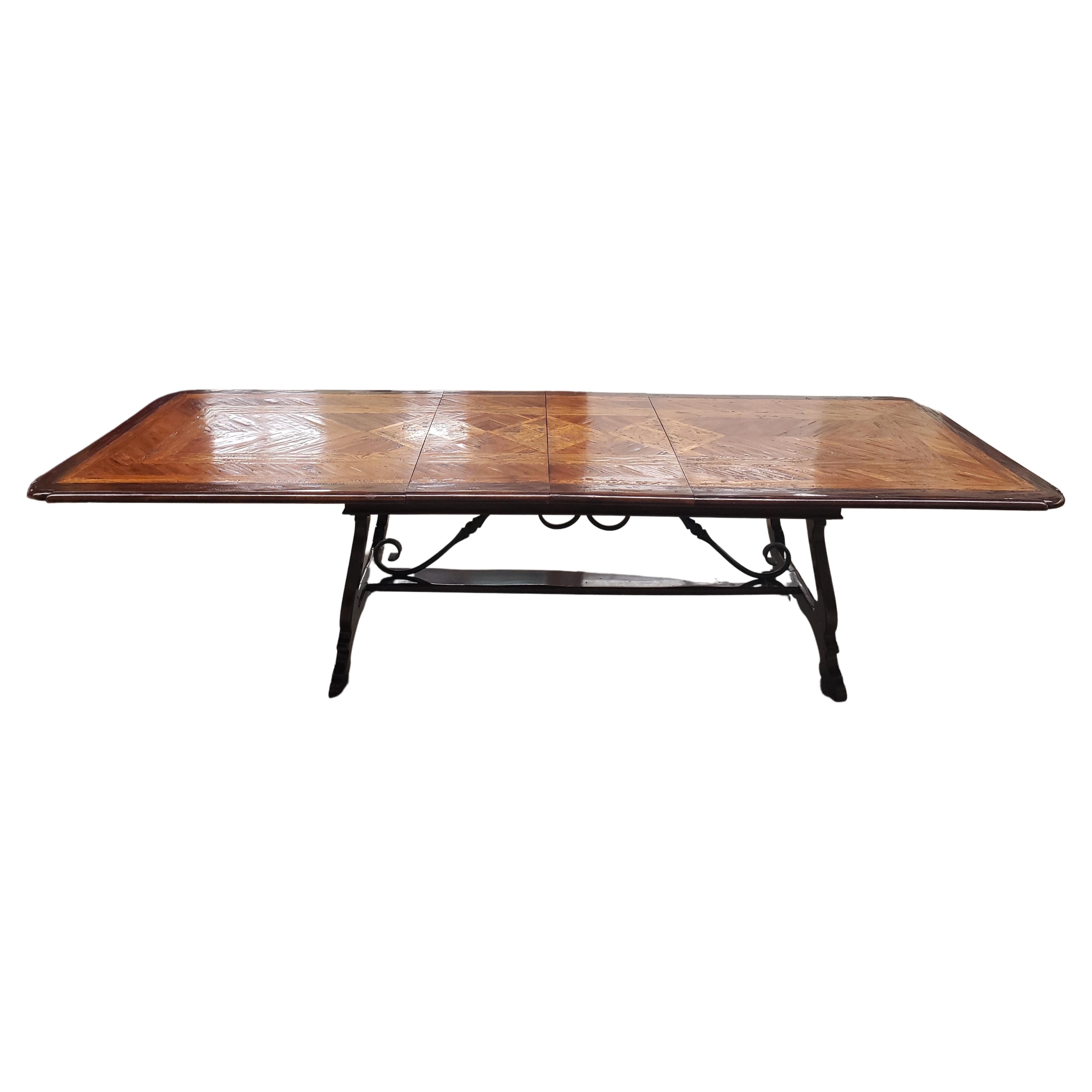 Dennis & Leen Baroque Style Walnut Oak Mahogany Parquetry Trestle Dining Table  For Sale