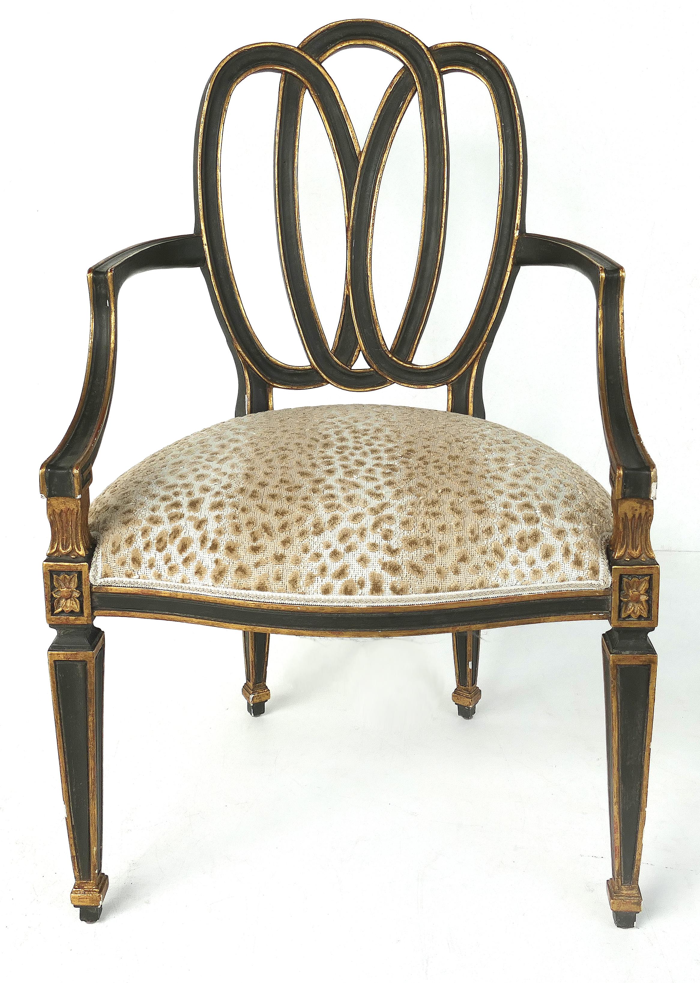 Dennis & Leen ebonized and parcel-gilt armchairs in the neoclassical style

Offered for sale is a pair of Dennis & Leen (Los Angeles, CA) ebonized and parcel-gilt neoclassical style armchairs. Both chairs have upholstered seats with an animal