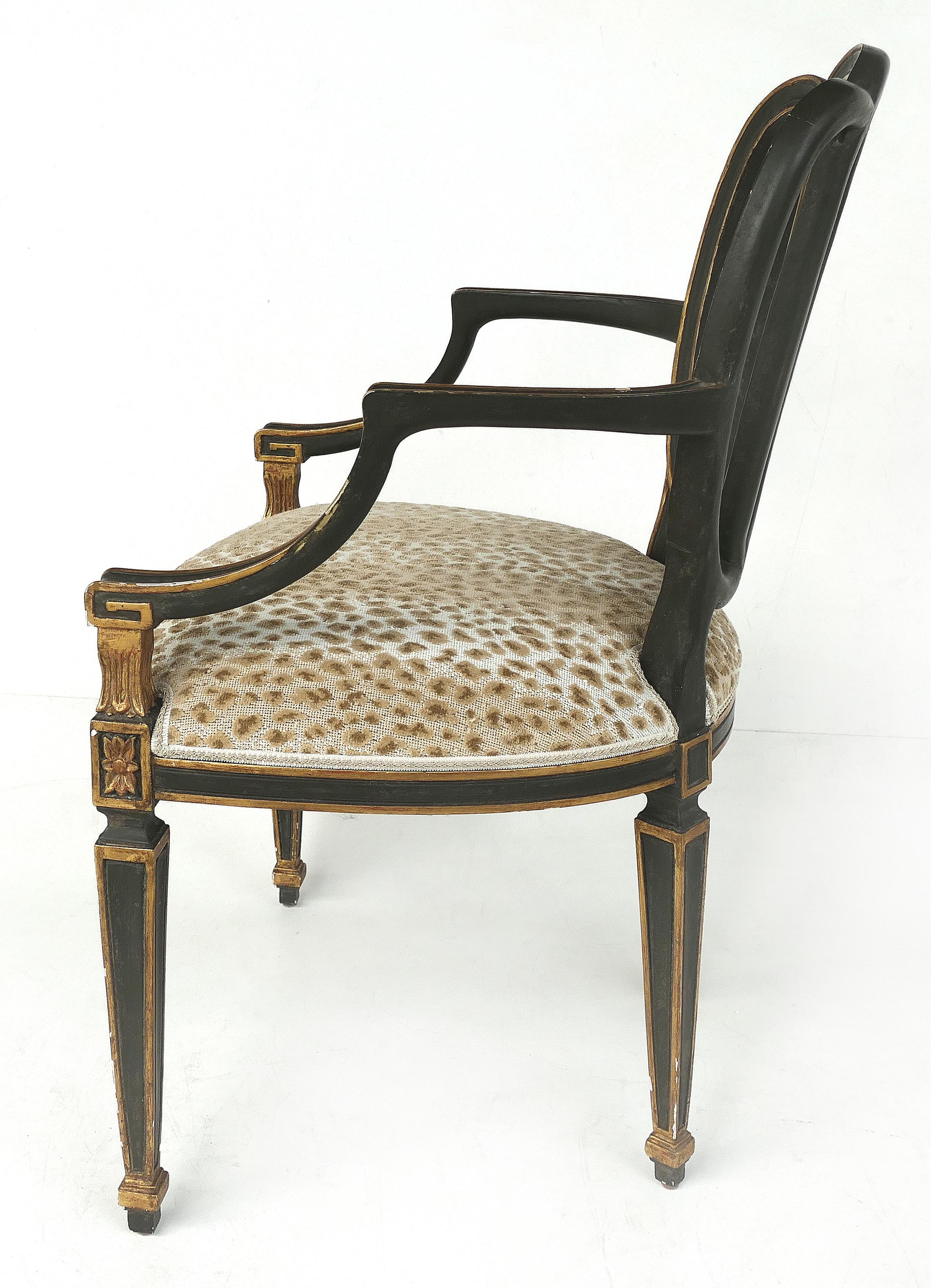 Wood Dennis & Leen Ebonized and Parcel-Gilt Armchairs in the Neoclassical Style