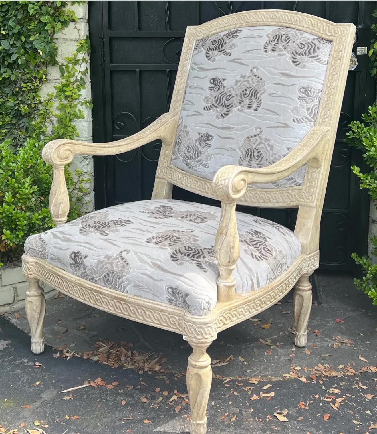 Louis XVI Dennis & Leen Formations Carved Italian Armchair W Clarence House Tiger Velvet For Sale