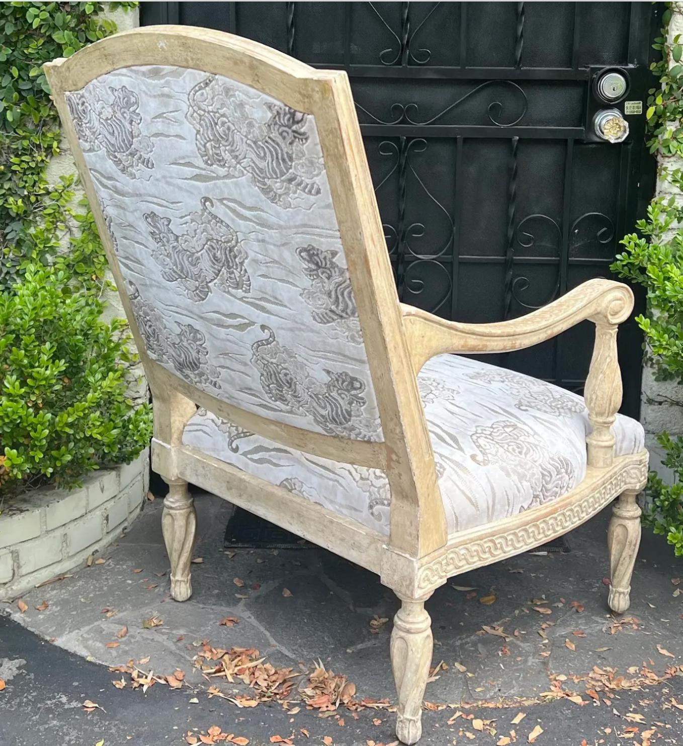 American Dennis & Leen Formations Carved Italian Armchair W Clarence House Tiger Velvet For Sale