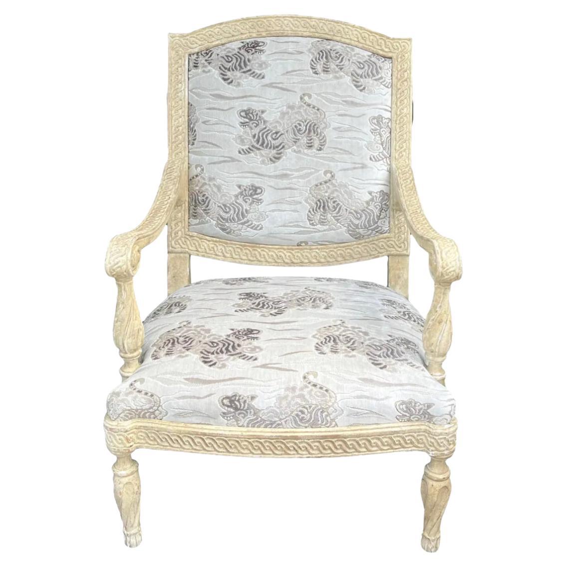 Dennis & Leen Formations Carved Italian Armchair W Clarence House Tiger Velvet For Sale